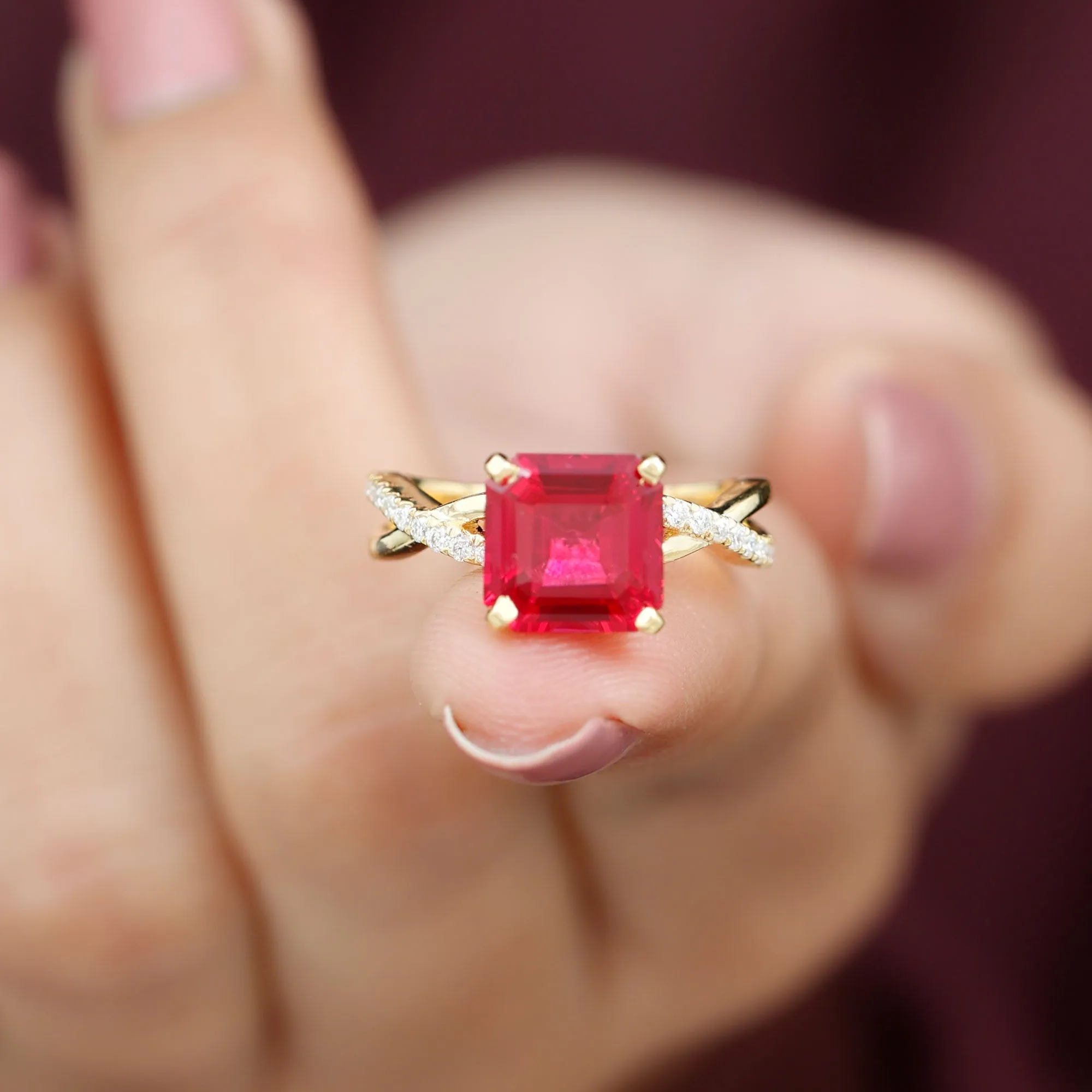 Asscher Cut Lab Grown Ruby Solitaire Ring with Diamond Infinity Shank