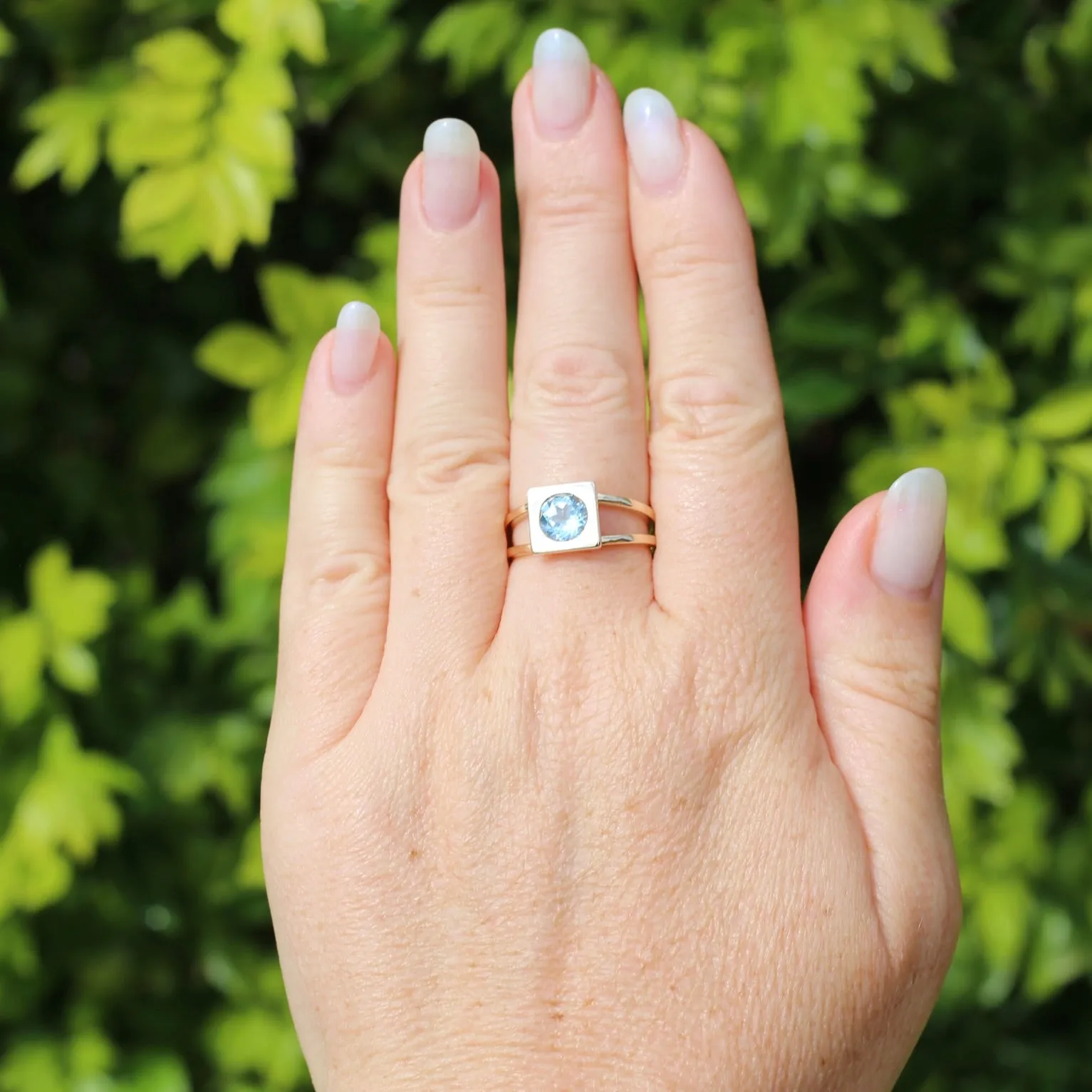 Bezel Set Square Face Blue Zircon Ring on Split Band, 9ct Yellow Gold, fits like size R or 8.5