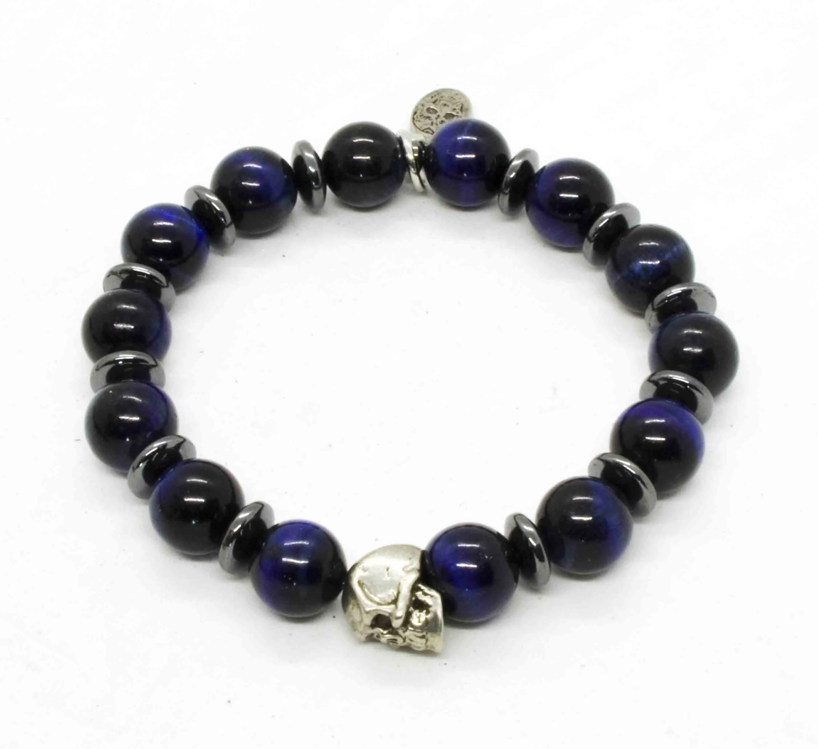 Black Pearl Creations Blue Tiger Eye & Patinated Pewter Skull Bracelet