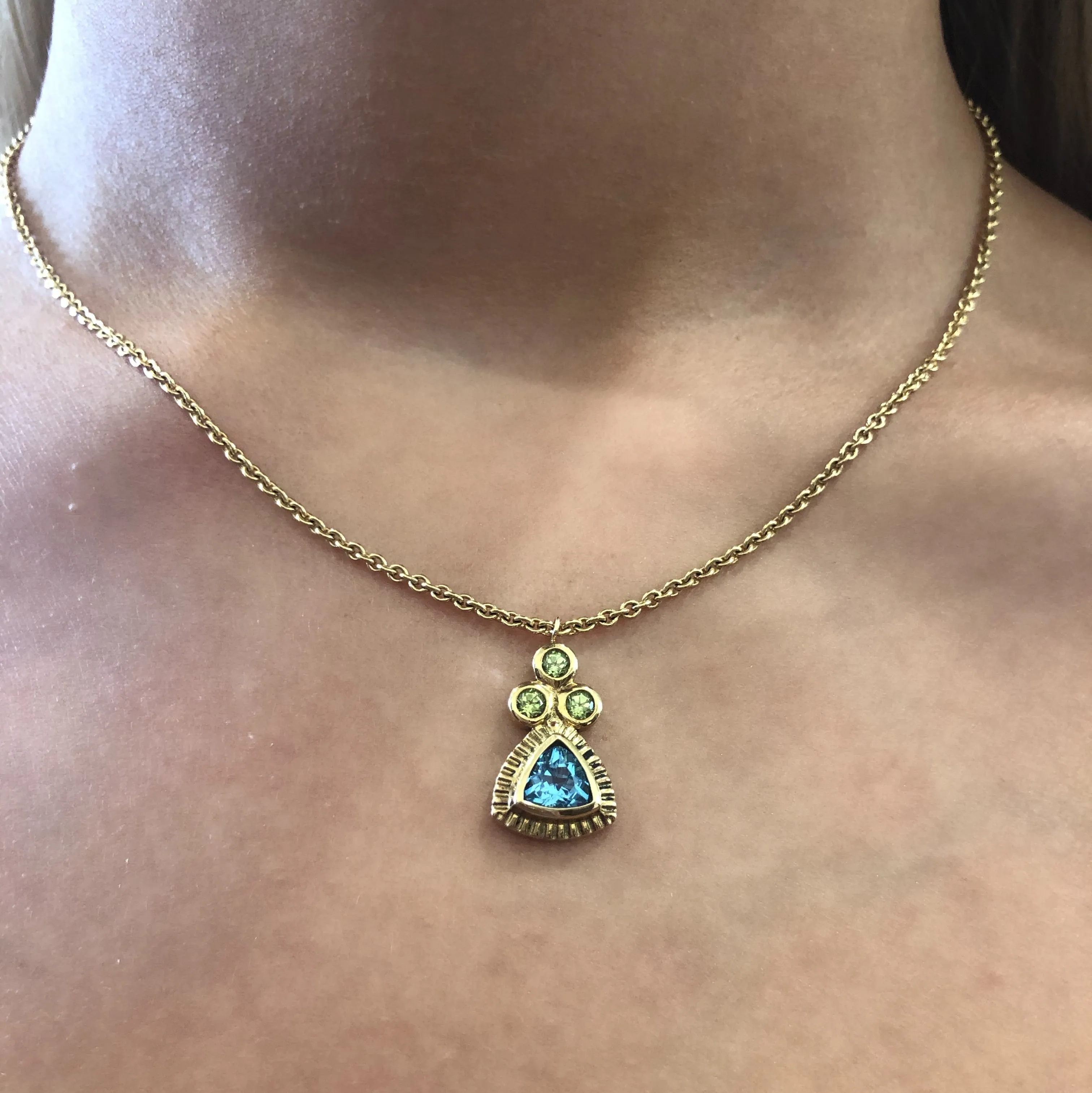 Blue Topaz Trillion Necklace with Peridot