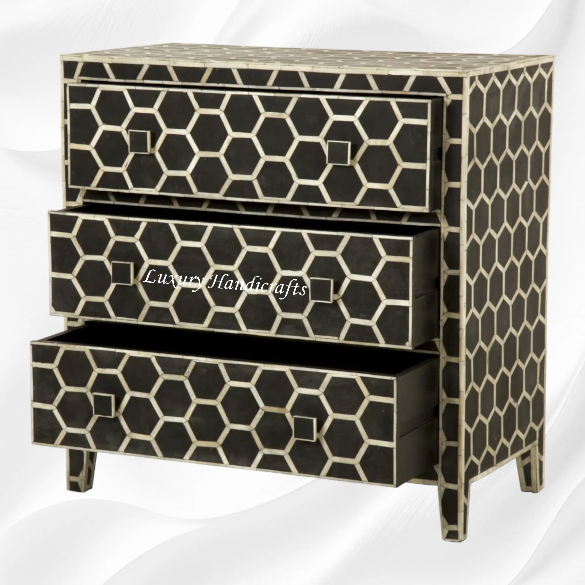 Bone Inlay Chest of 3 Drawer Honeycomb Black