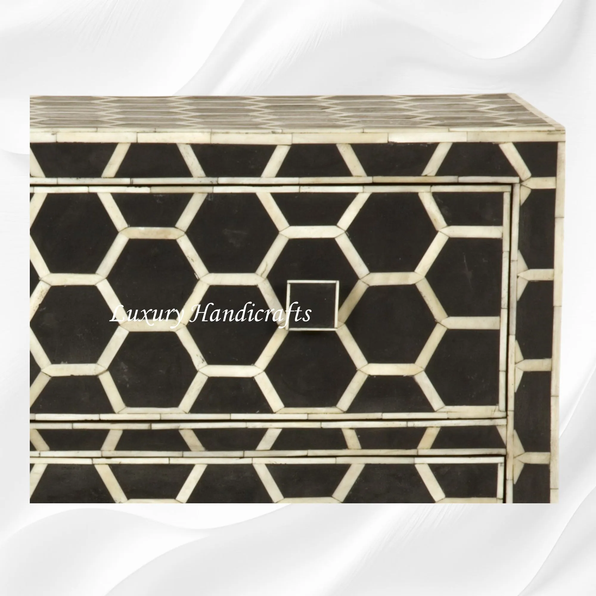 Bone Inlay Chest of 3 Drawer Honeycomb Black