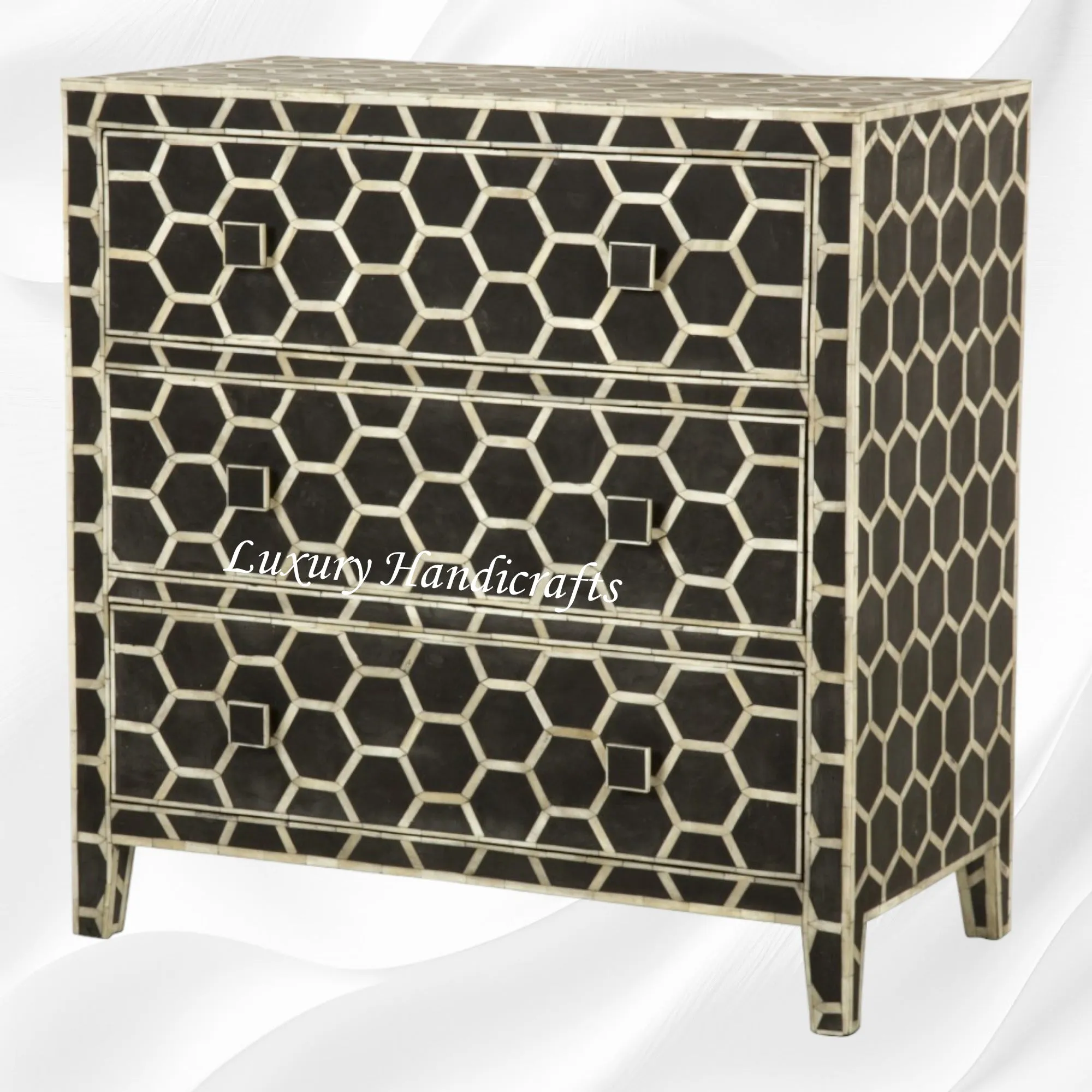 Bone Inlay Chest of 3 Drawer Honeycomb Black