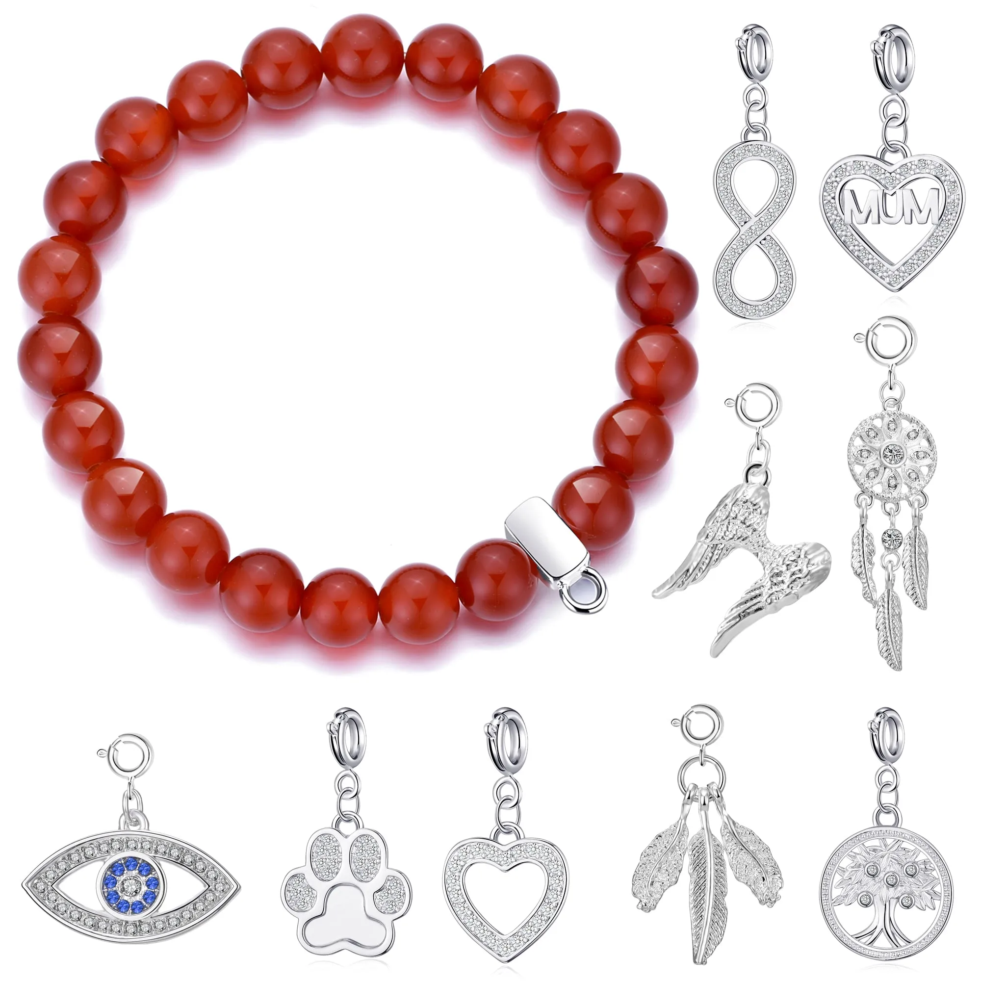 Carnelian Gemstone Stretch Bracelet with Charm Created with Zircondia® Crystals