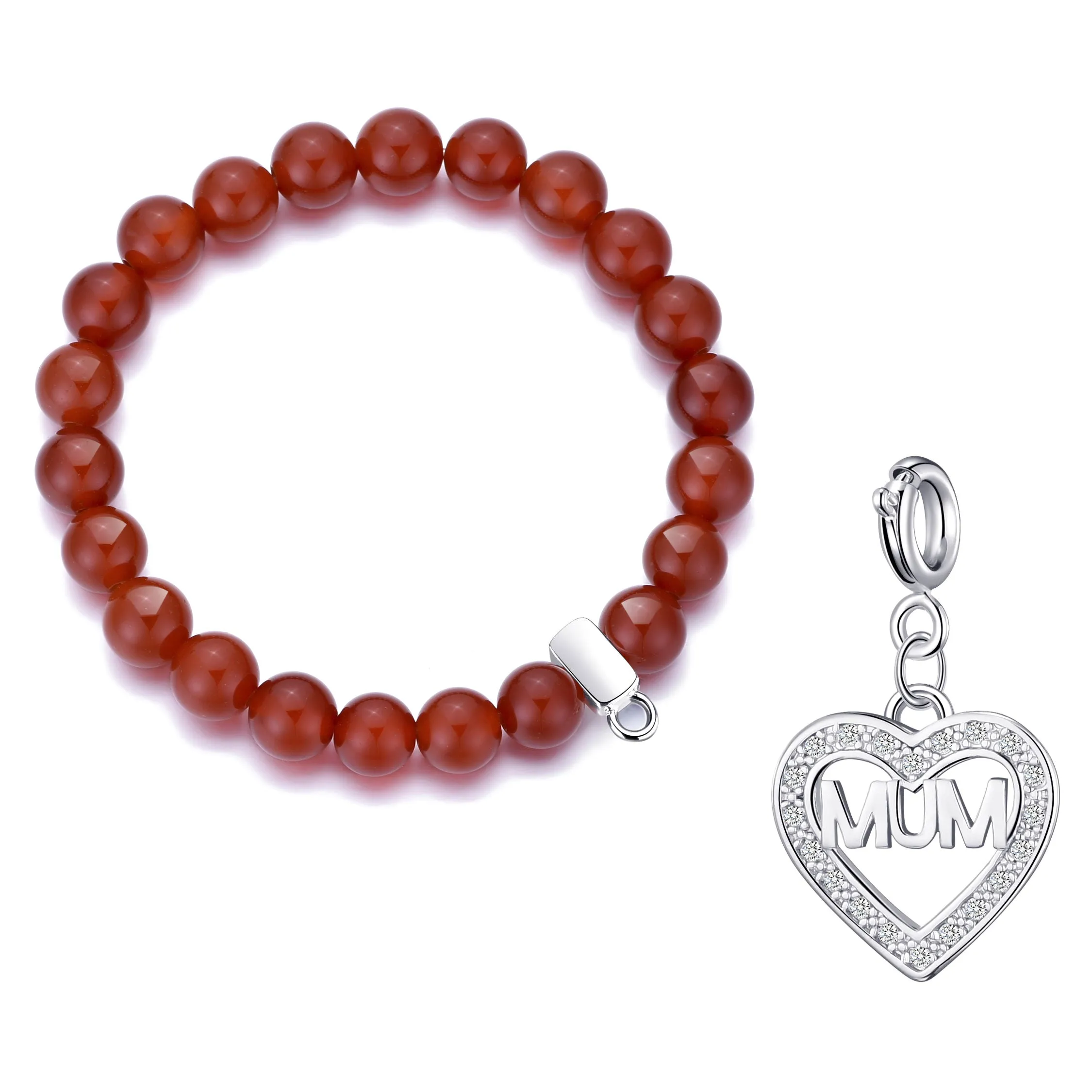 Carnelian Gemstone Stretch Bracelet with Charm Created with Zircondia® Crystals