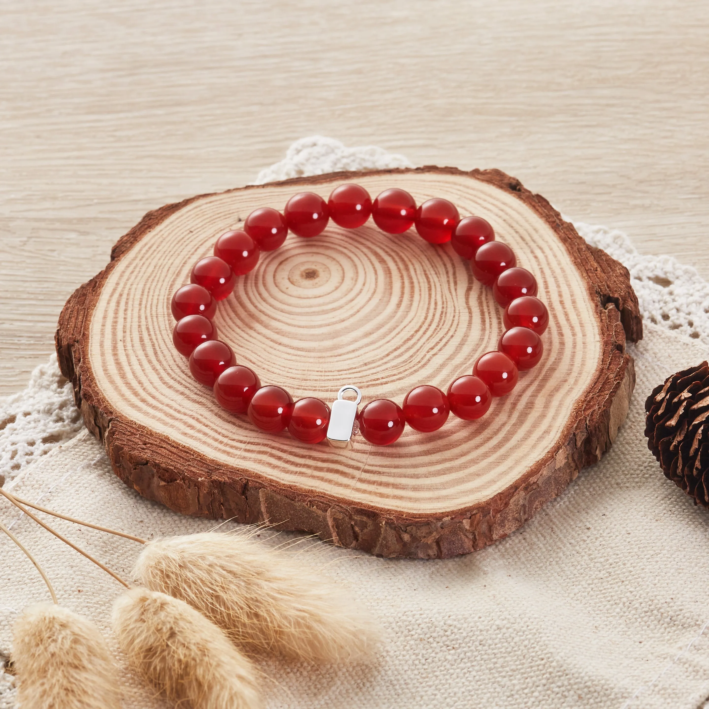 Carnelian Gemstone Stretch Bracelet with Charm Created with Zircondia® Crystals