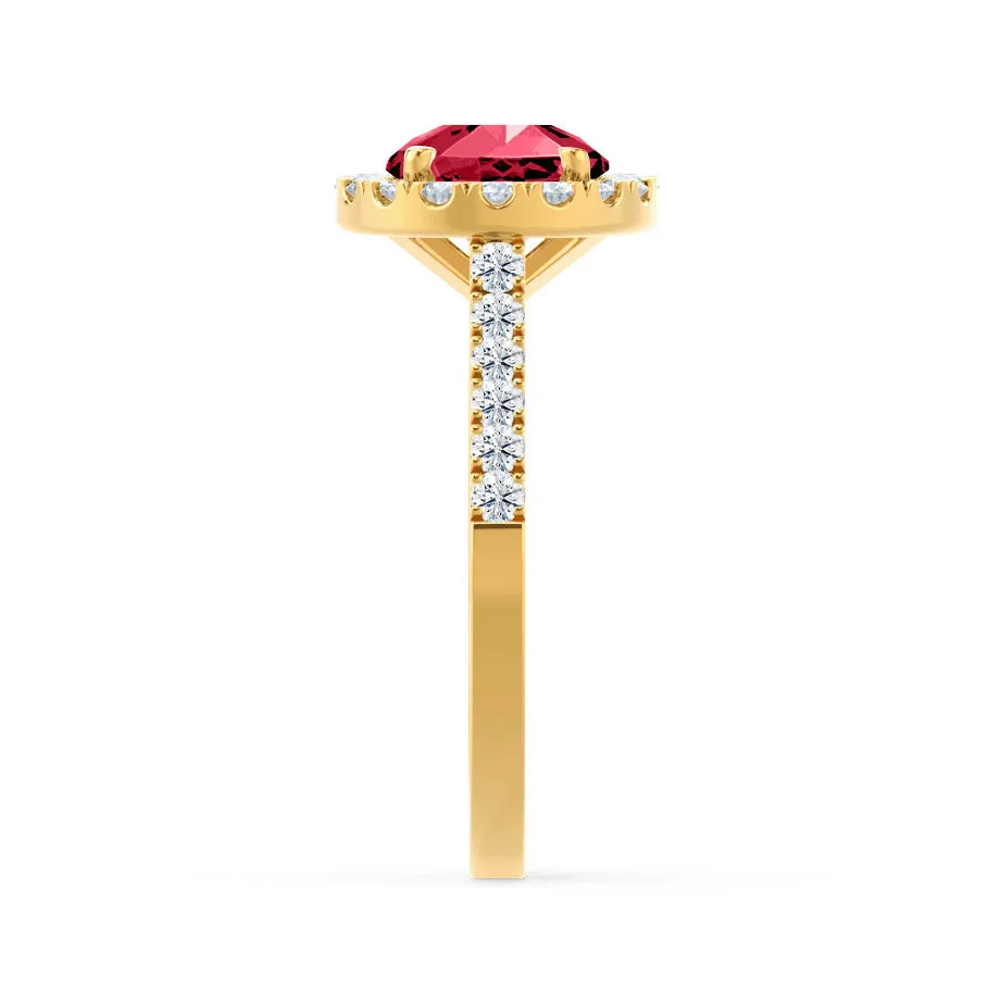 CECILY - Chatham® Lab Grown Red Ruby & Diamond 18k Yellow Gold Halo Ring