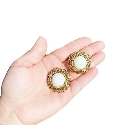 CHANEL Faux Gemstone and Chain Link Disc Clip-On Earrings - Gold Tone Clip-On