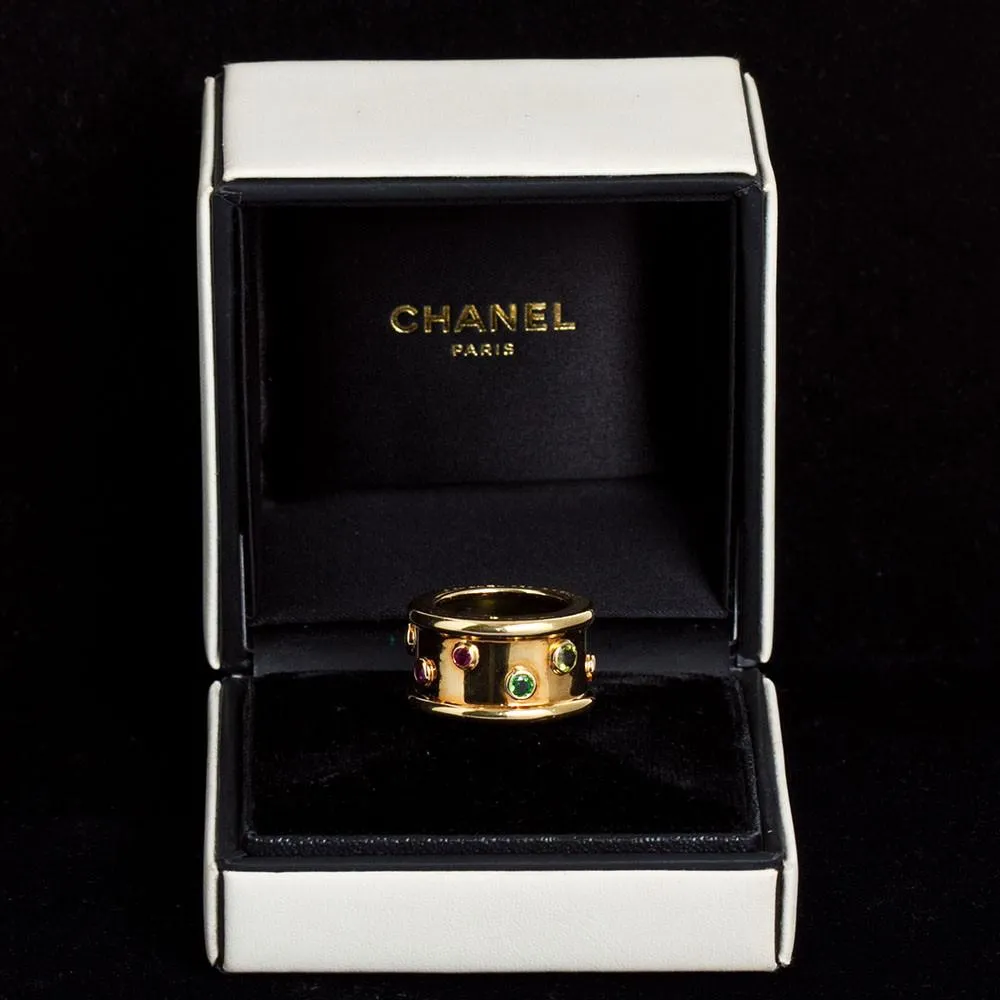 CHANEL Gold Wide Ring with Multi Color Gems