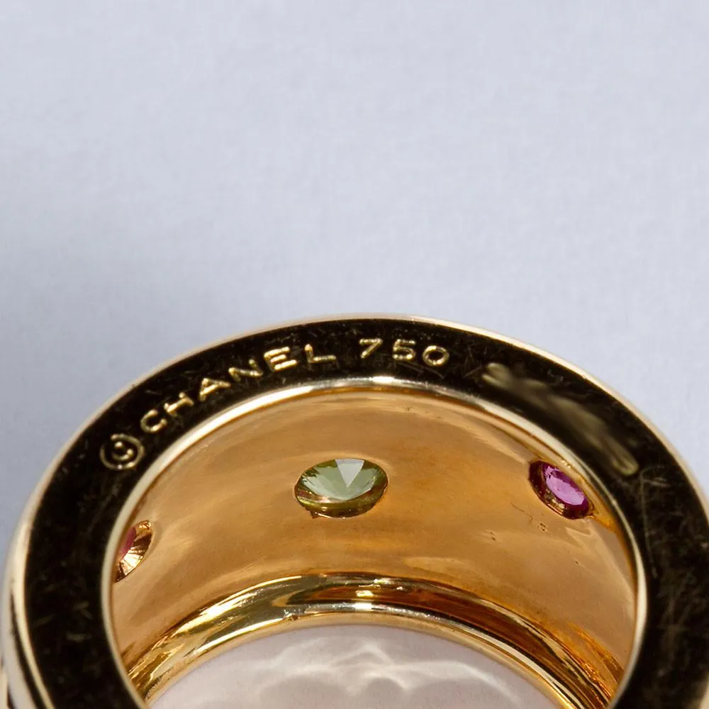 CHANEL Gold Wide Ring with Multi Color Gems