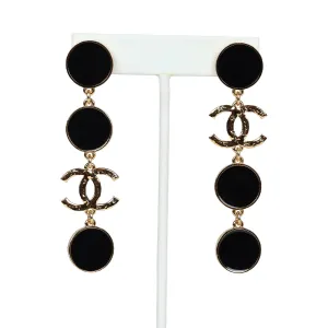 Chanel Round Dangle CC Earrings Black Enamel & Gold Metal