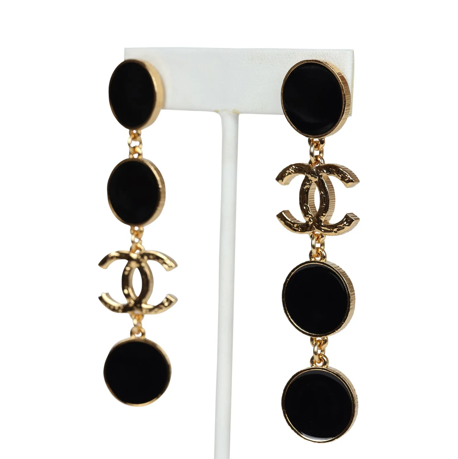 Chanel Round Dangle CC Earrings Black Enamel & Gold Metal