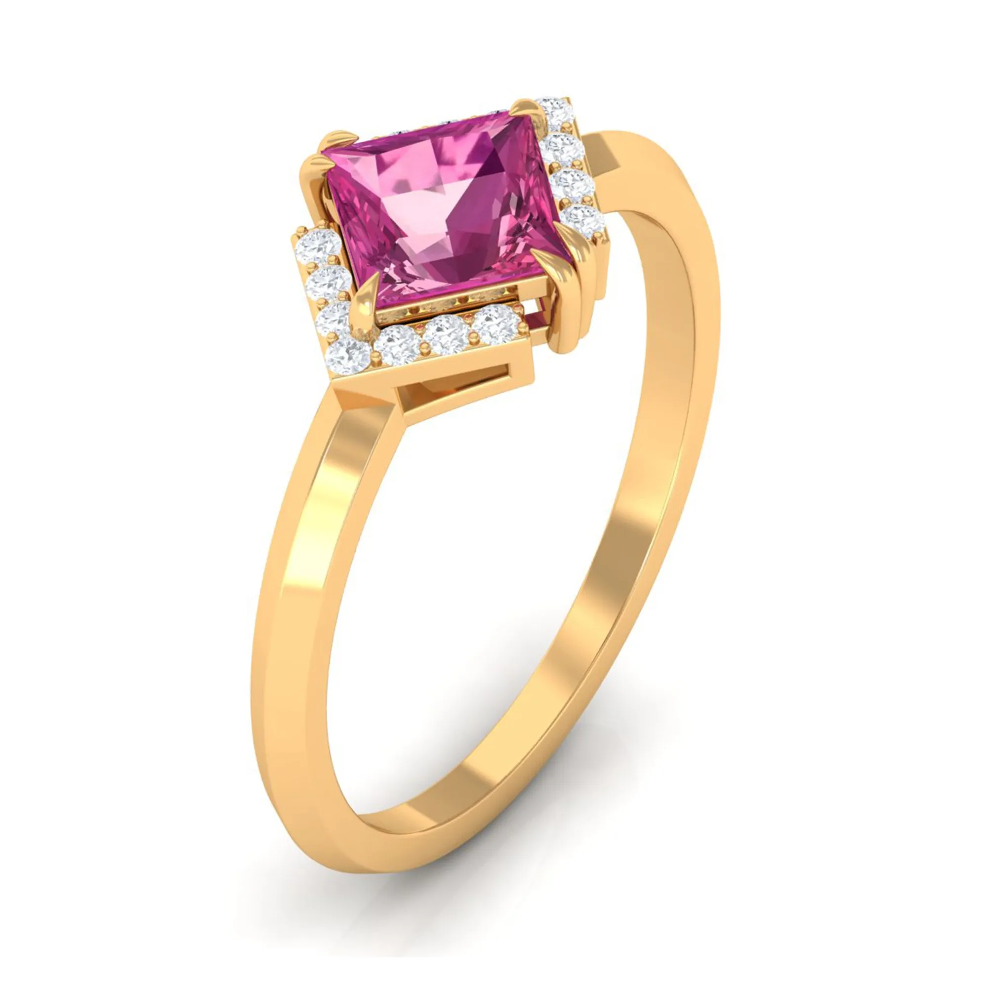 Contemporary Princess Cut Pink Tourmaline Engagement Ring with Diamond