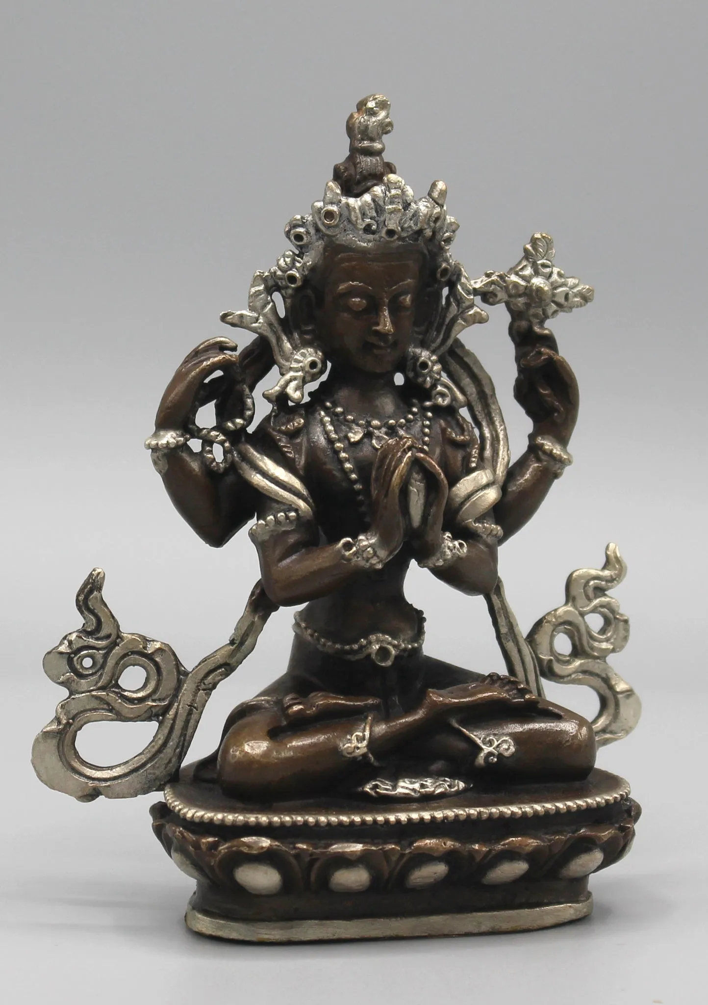 Copper Chenrezig Statue 4" High Inlaid Silver Robe