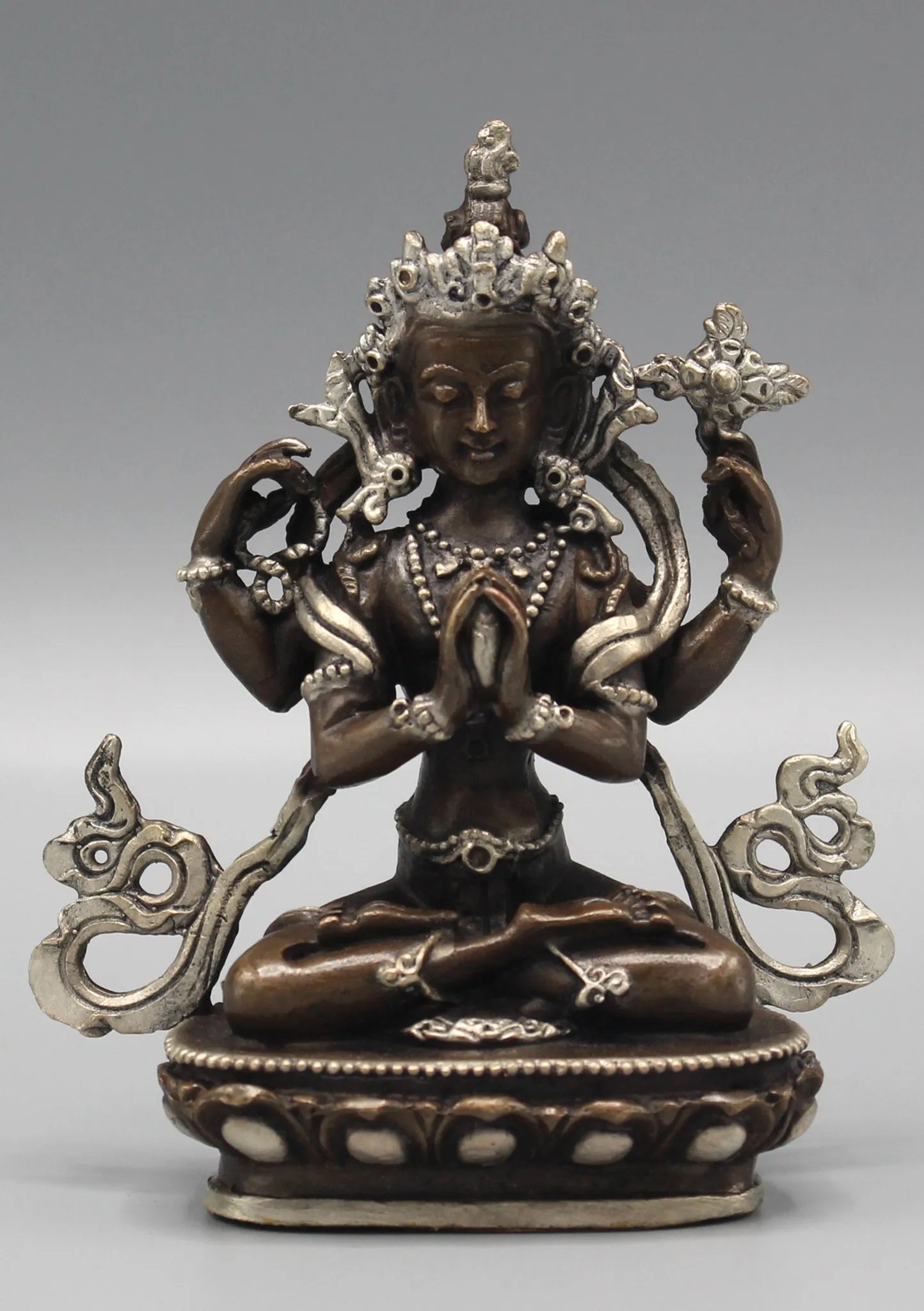 Copper Chenrezig Statue 4" High Inlaid Silver Robe