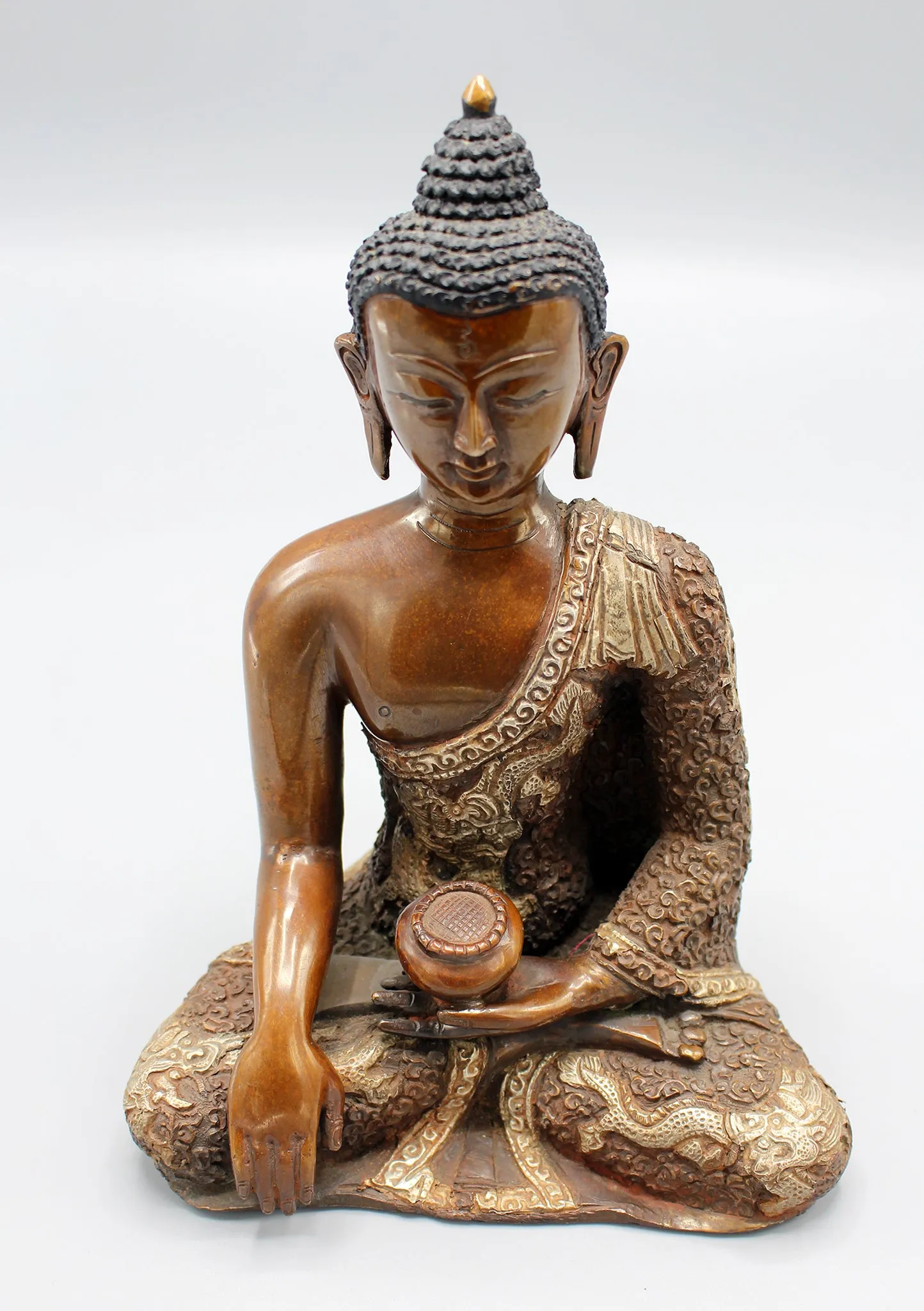 Copper Shakyamuni Buddha Statue with Silver Inlaid Dragon Carving