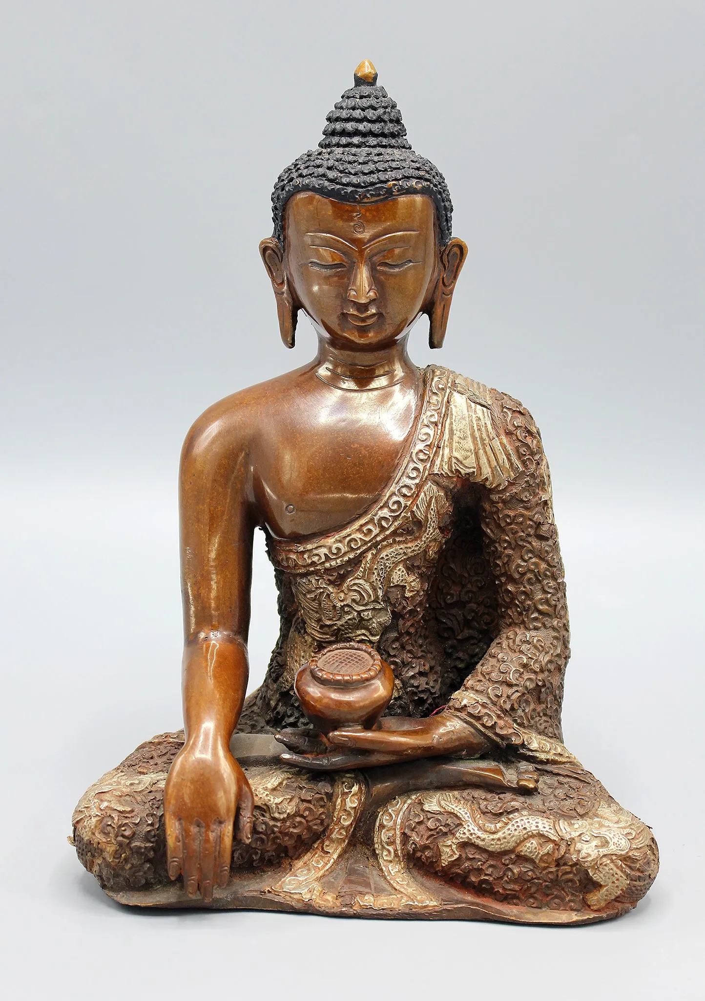 Copper Shakyamuni Buddha Statue with Silver Inlaid Dragon Carving