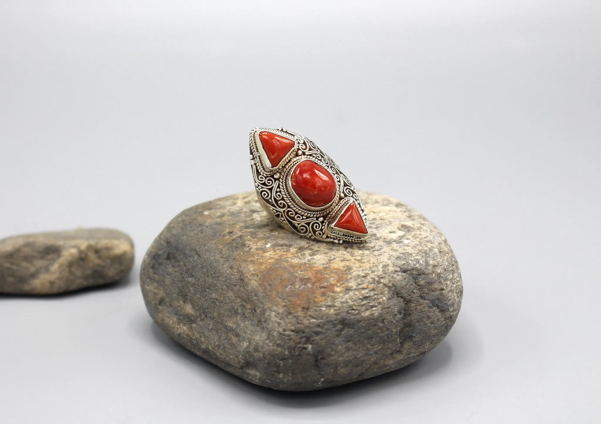 Coral Inlaid Sterling Silver Wide Finger Ring