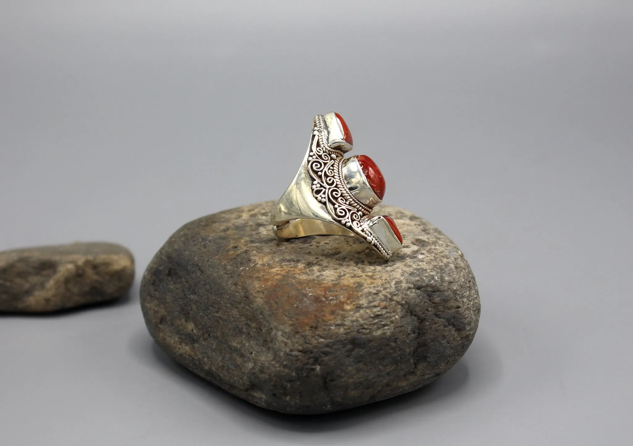 Coral Inlaid Sterling Silver Wide Finger Ring