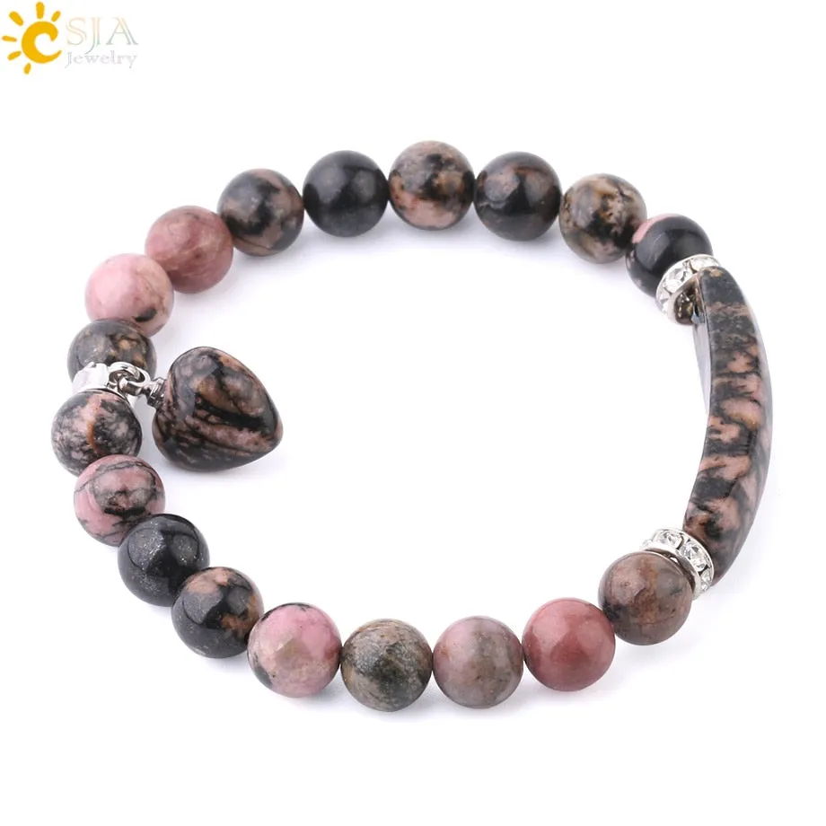 CSJA Natural Stone Crystal Bracelet Line Rhodonite Love Heart Healing Beaded Beads Bracelets Gem Stones for Women Jewelry F104