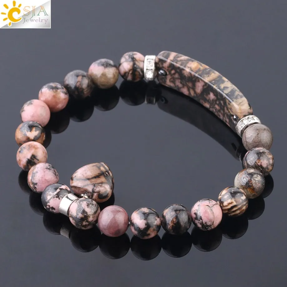 CSJA Natural Stone Crystal Bracelet Line Rhodonite Love Heart Healing Beaded Beads Bracelets Gem Stones for Women Jewelry F104