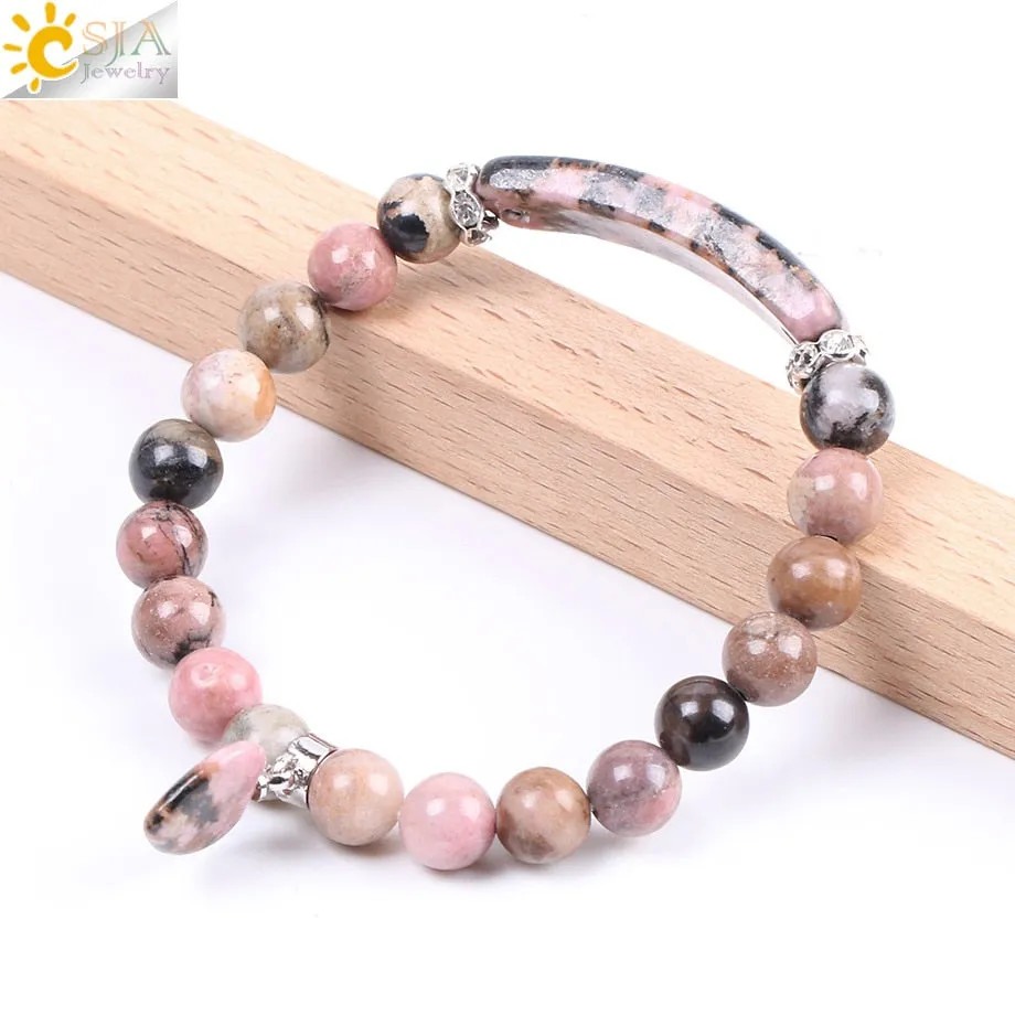 CSJA Natural Stone Crystal Bracelet Line Rhodonite Love Heart Healing Beaded Beads Bracelets Gem Stones for Women Jewelry F104