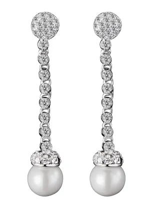 Cubic Zirconia Sterling Silver Rhodium Plated Long Pearl Drop Dangling Earrings