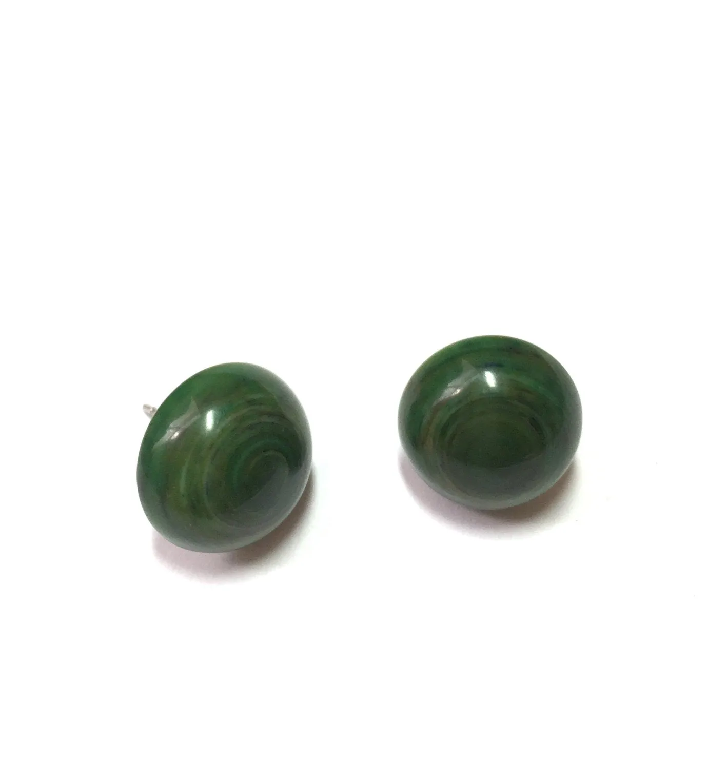 Dark Green Marbled Lucite Retro Button Stud Earrings