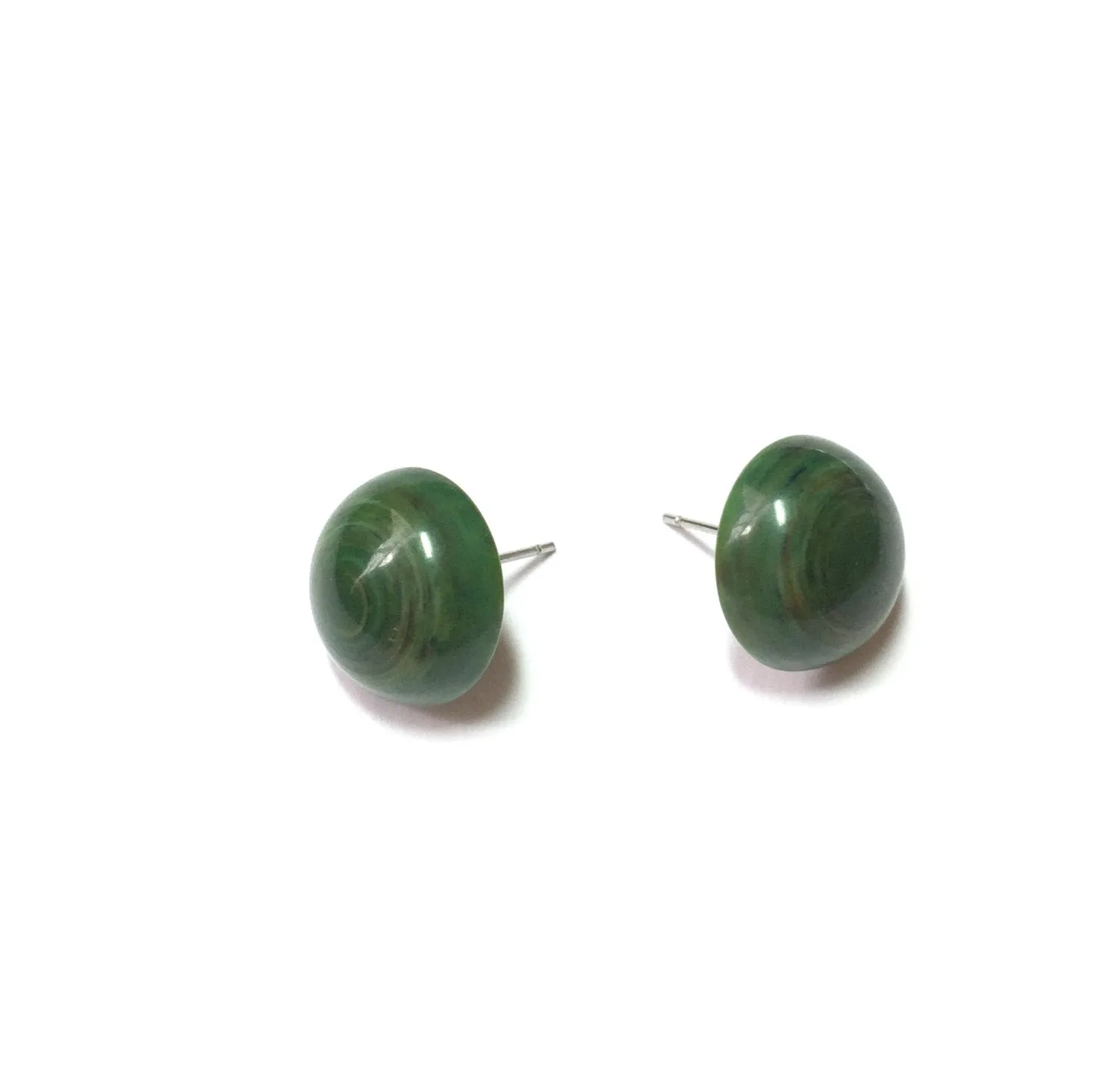 Dark Green Marbled Lucite Retro Button Stud Earrings