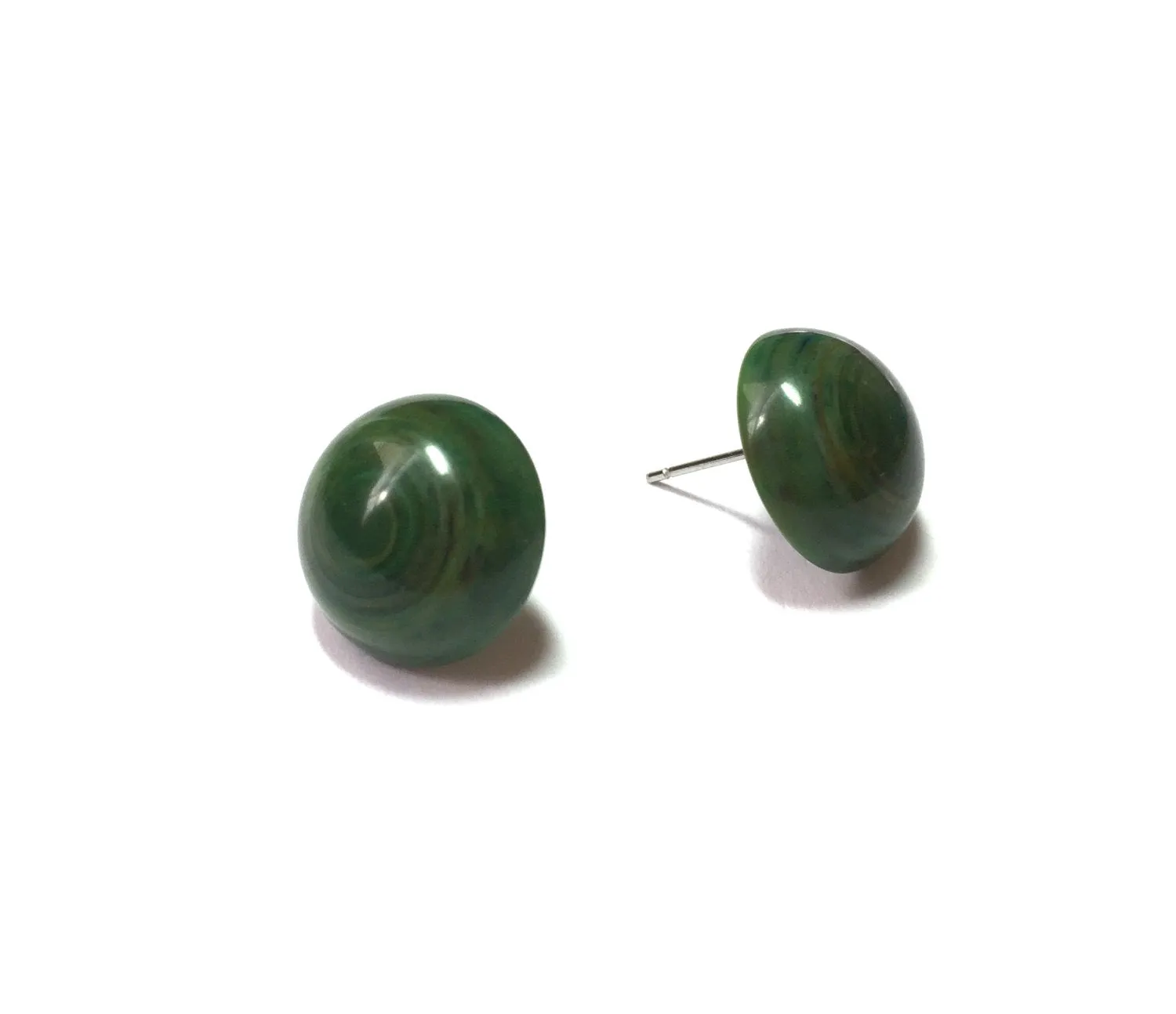 Dark Green Marbled Lucite Retro Button Stud Earrings