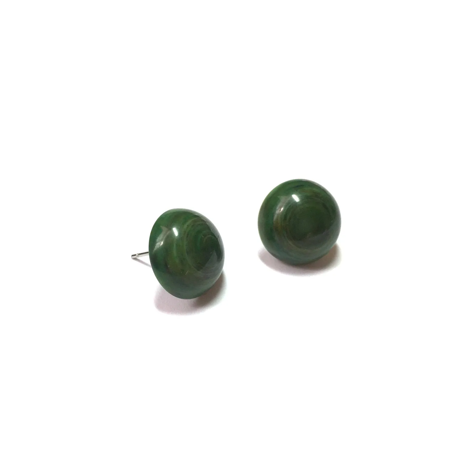 Dark Green Marbled Lucite Retro Button Stud Earrings