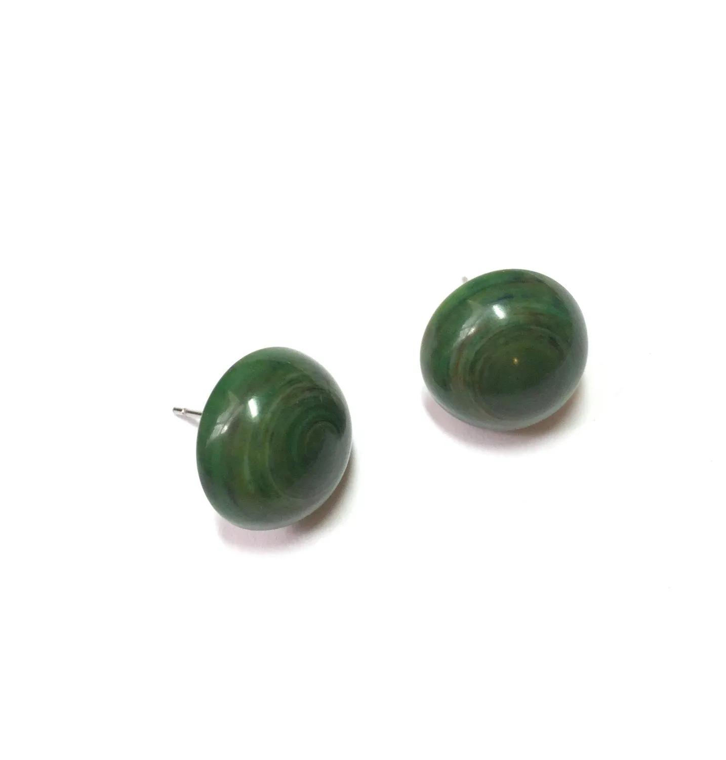 Dark Green Marbled Lucite Retro Button Stud Earrings