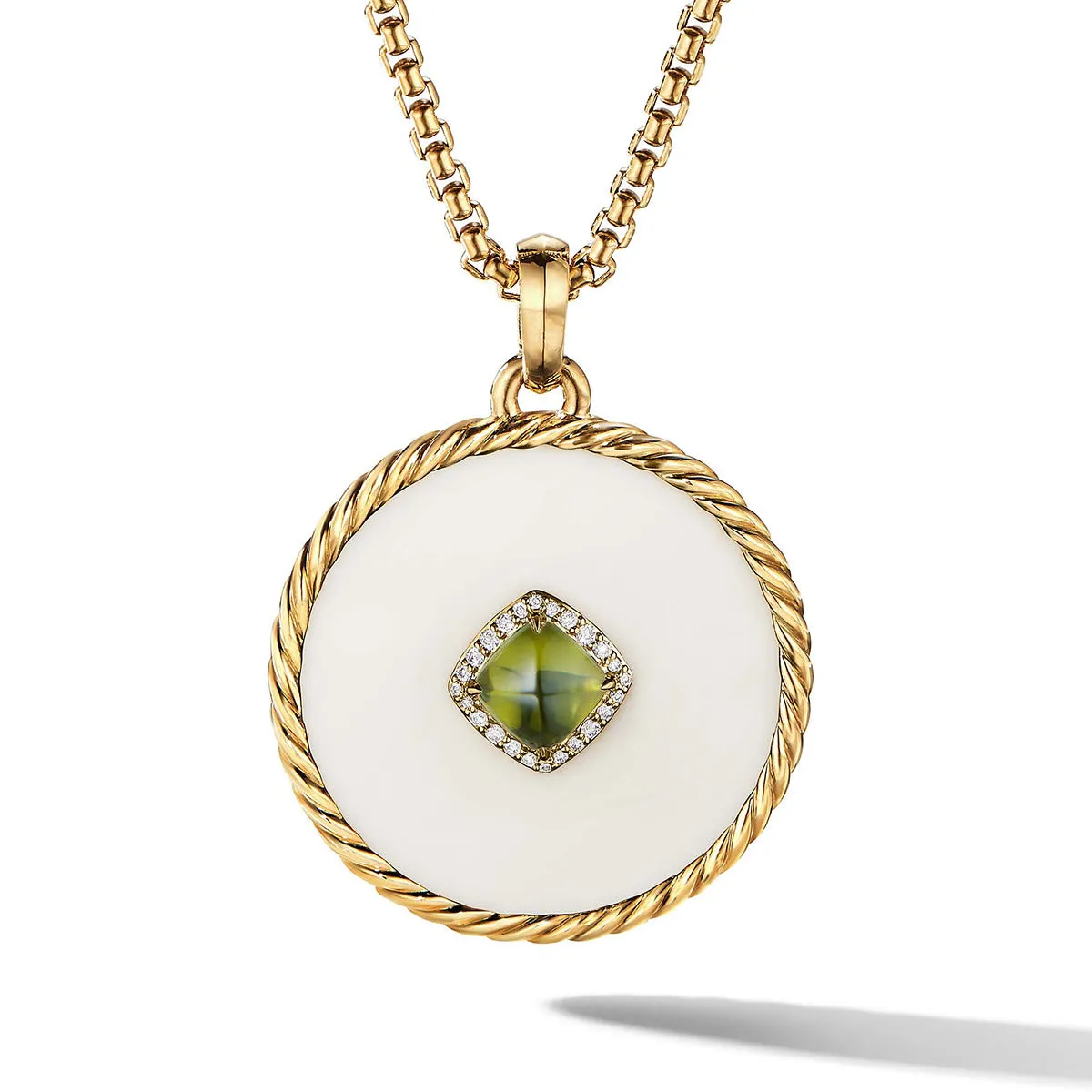 Disc Pendant in 18K Yellow Gold with Cacholong, Peridot and Pave Diamonds