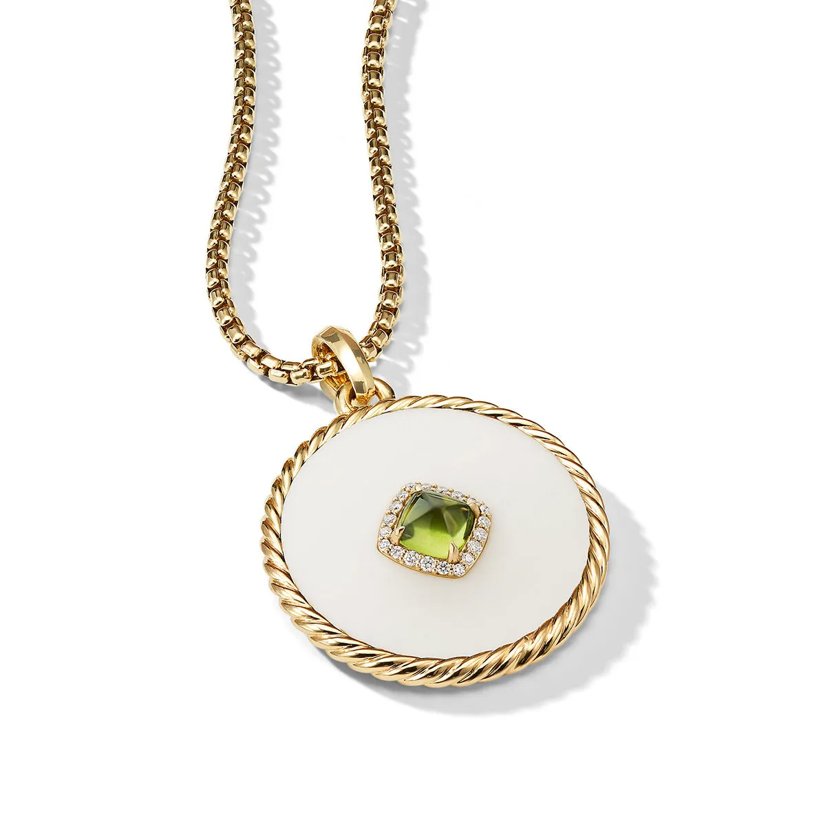 Disc Pendant in 18K Yellow Gold with Cacholong, Peridot and Pave Diamonds