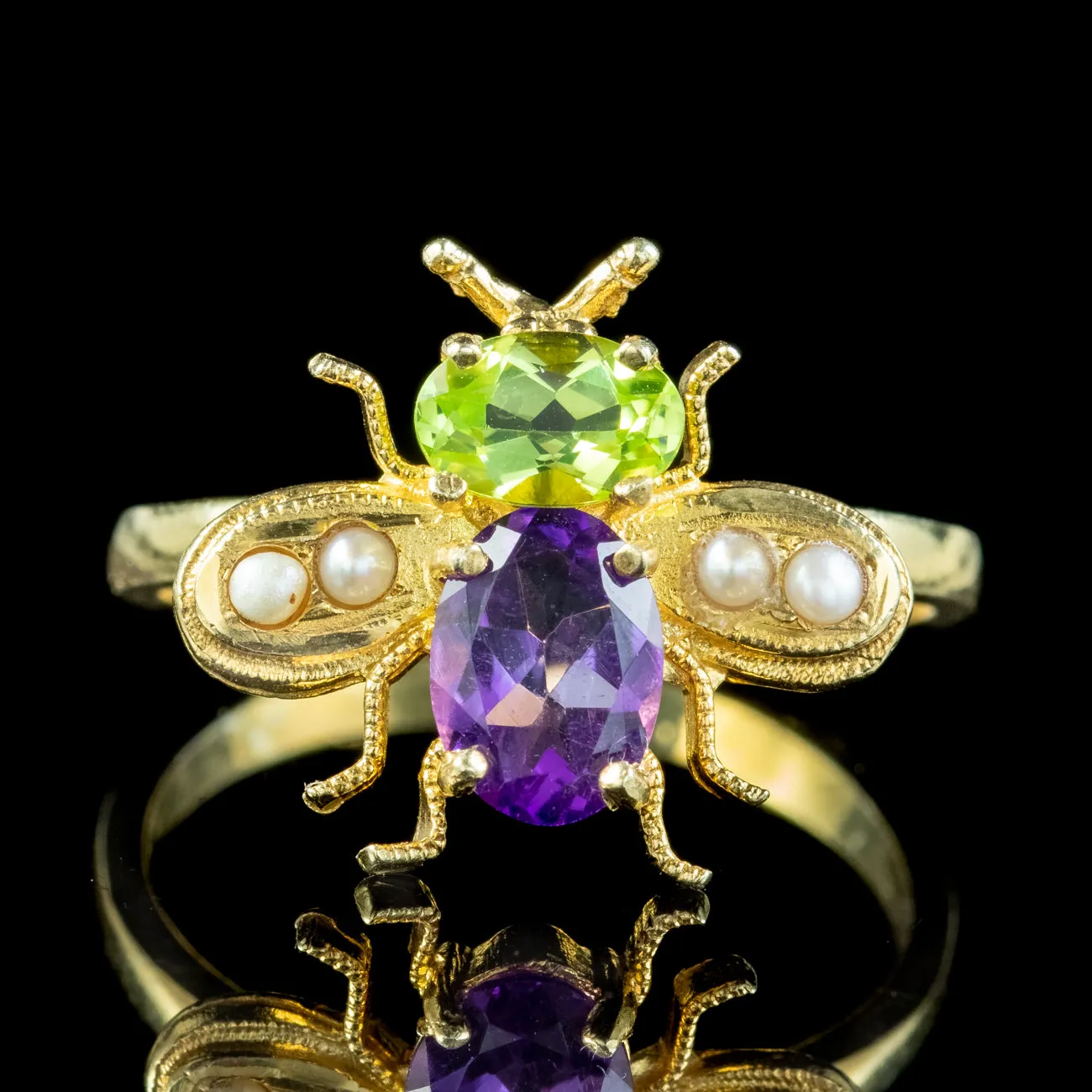 Edwardian Suffragette Style Bee Ring Peridot Amethyst Pearl