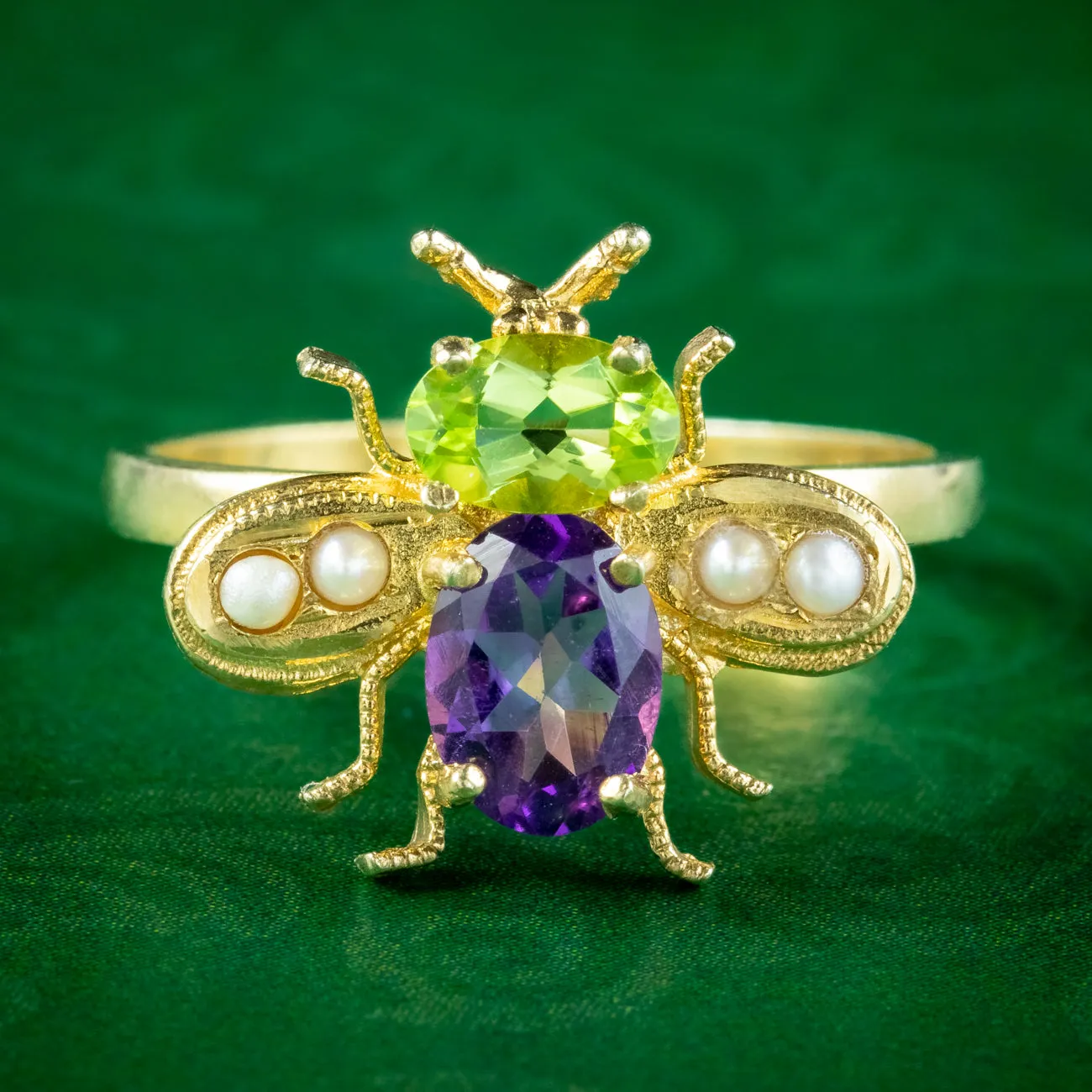 Edwardian Suffragette Style Bee Ring Peridot Amethyst Pearl