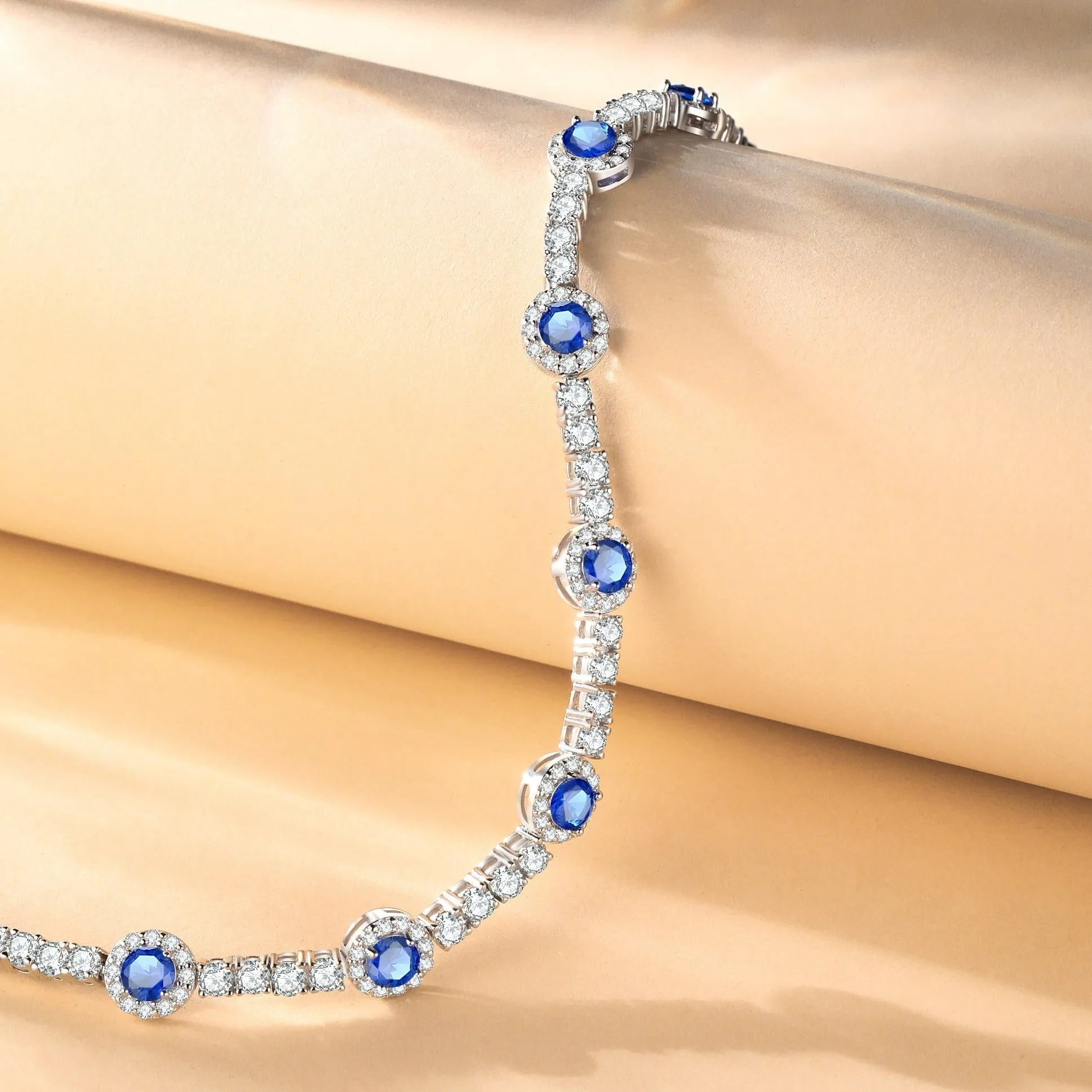 FANCIME "Noble Allure" September Birthstone Sapphire Station Tennis Sterling Silver Bracelet