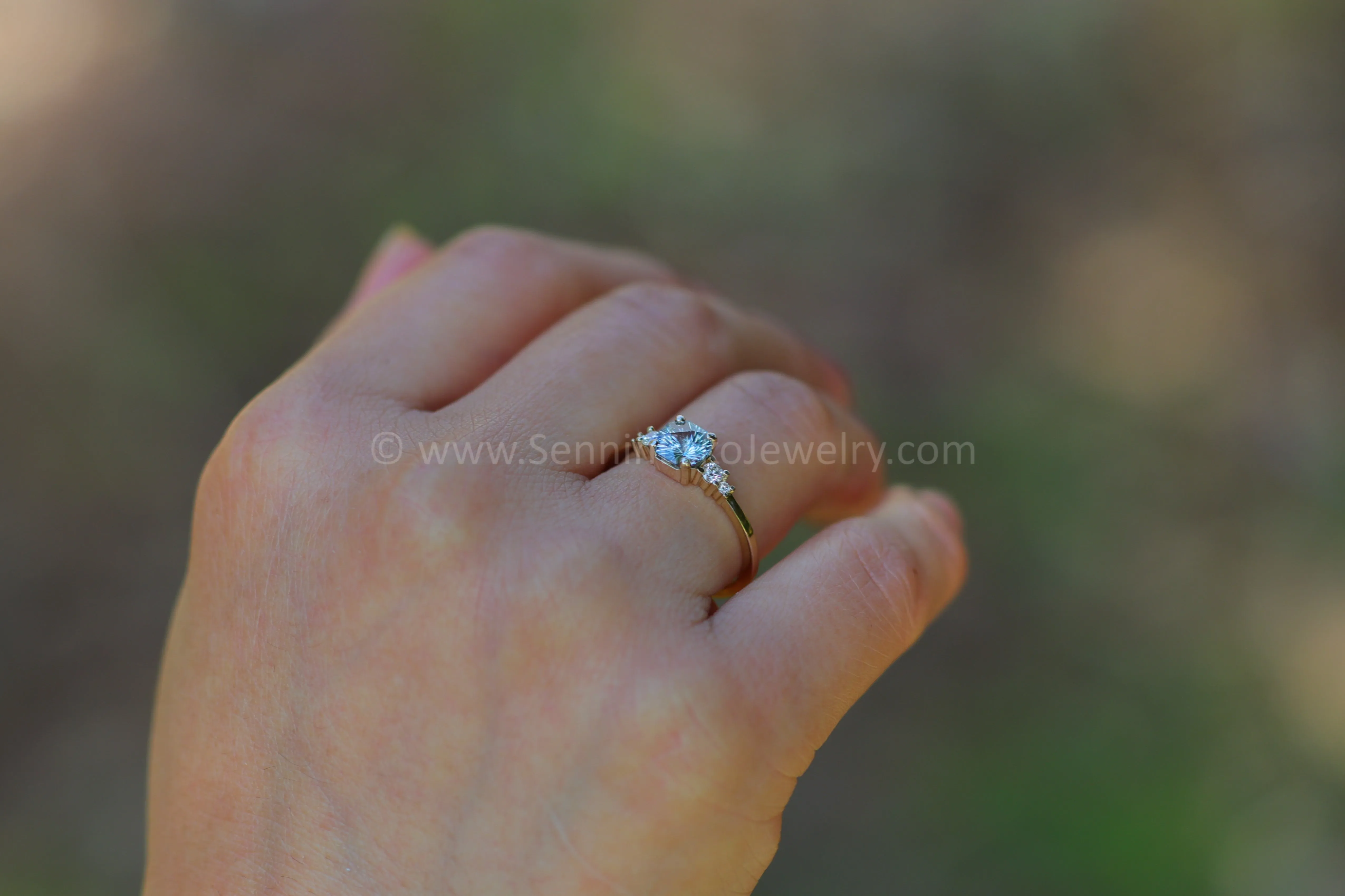 Five Stone Diamond Accented Multi Prong Setting - Depicted with a Sky Blue Montana Sapphire (Setting Only, Center Stone Sold Separately)