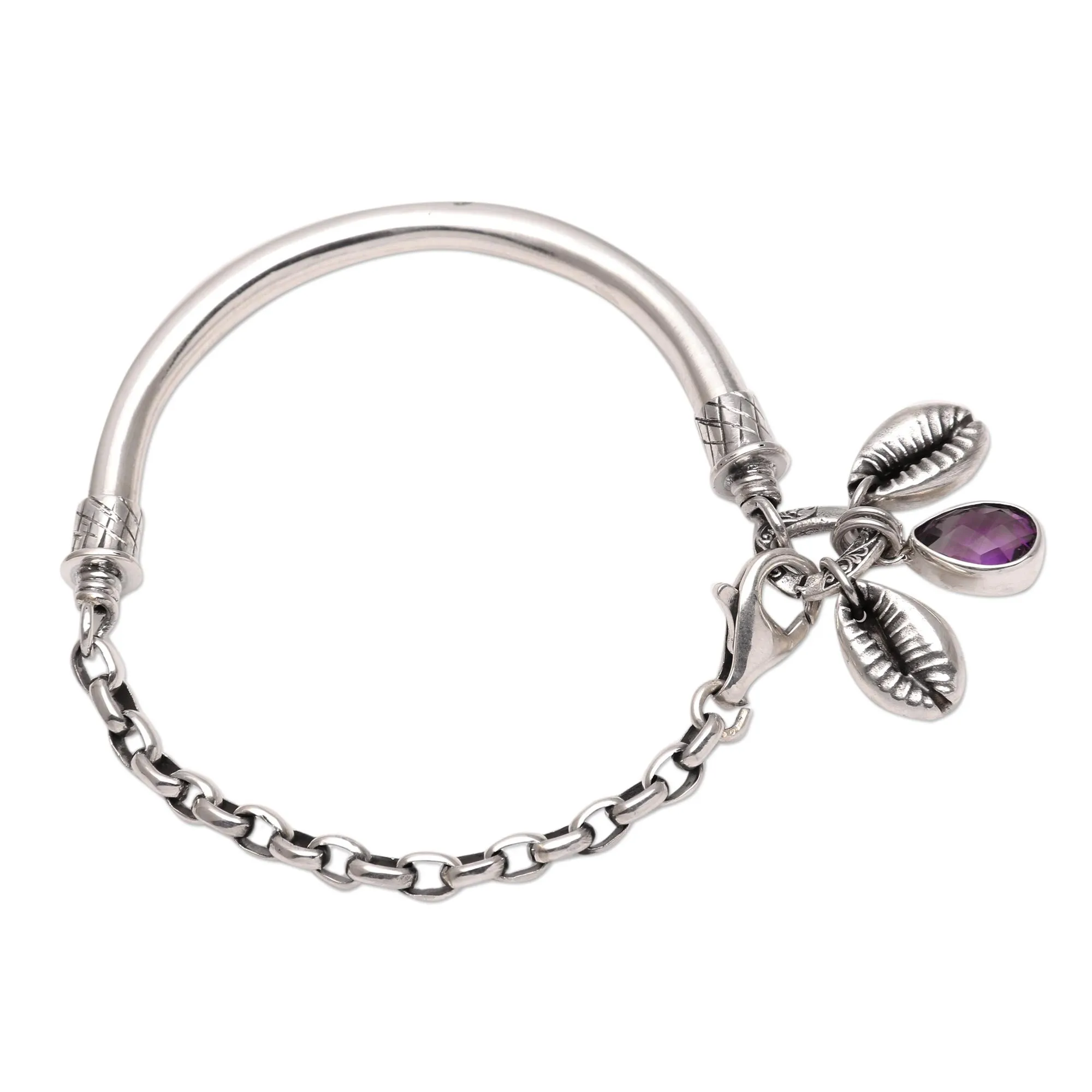 Glistening Shells Sterling Silver and Faceted Amethyst Bracelet from Java