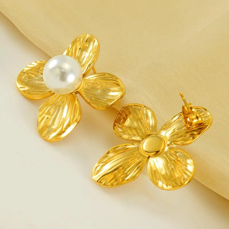 Gold-Plated Flower Stud Earrings with Simulated Pearl – Trendy Stainless Steel Earrings