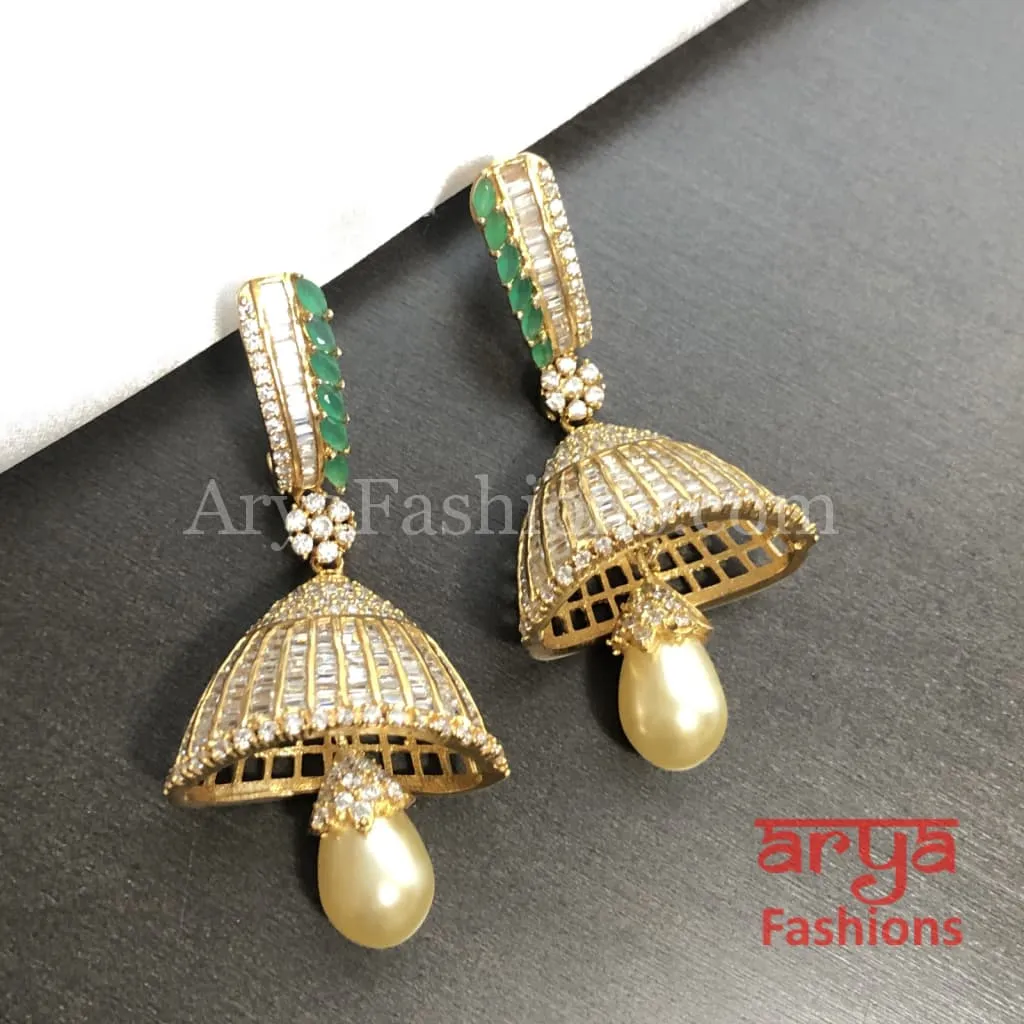 Golden Cubic Zirconia Jhumka earrings with Pearl Drop