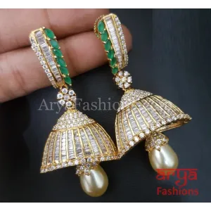 Golden Cubic Zirconia Jhumka earrings with Pearl Drop