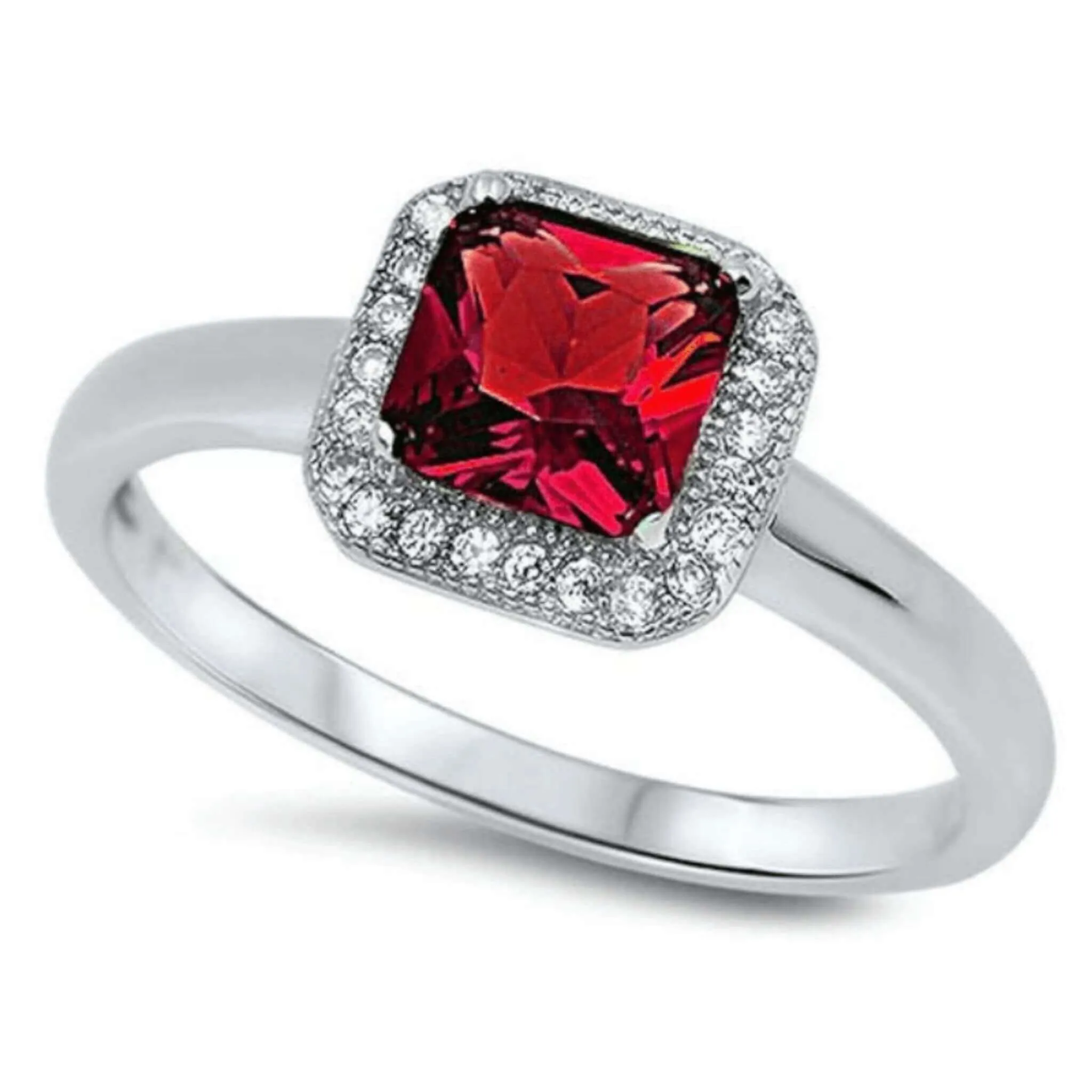 Halo Cushion Cut Cubic Zirconia Ruby Ring In Sterling Silver