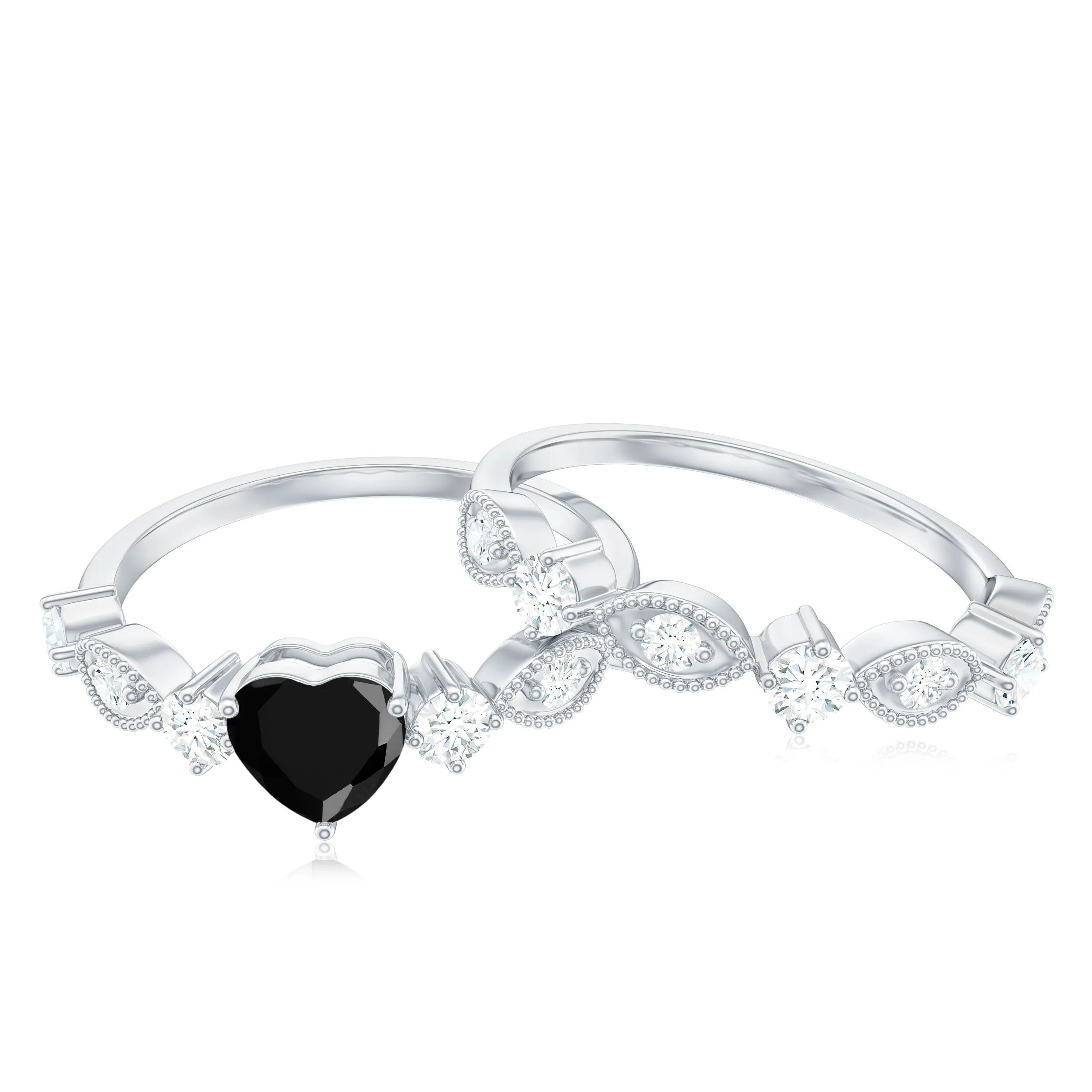 Heart Shape Created Black Diamond Wedding Ring Set with Moissanite