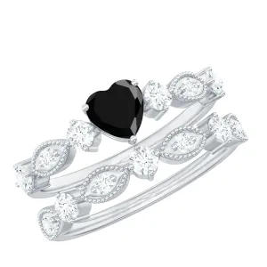 Heart Shape Created Black Diamond Wedding Ring Set with Moissanite