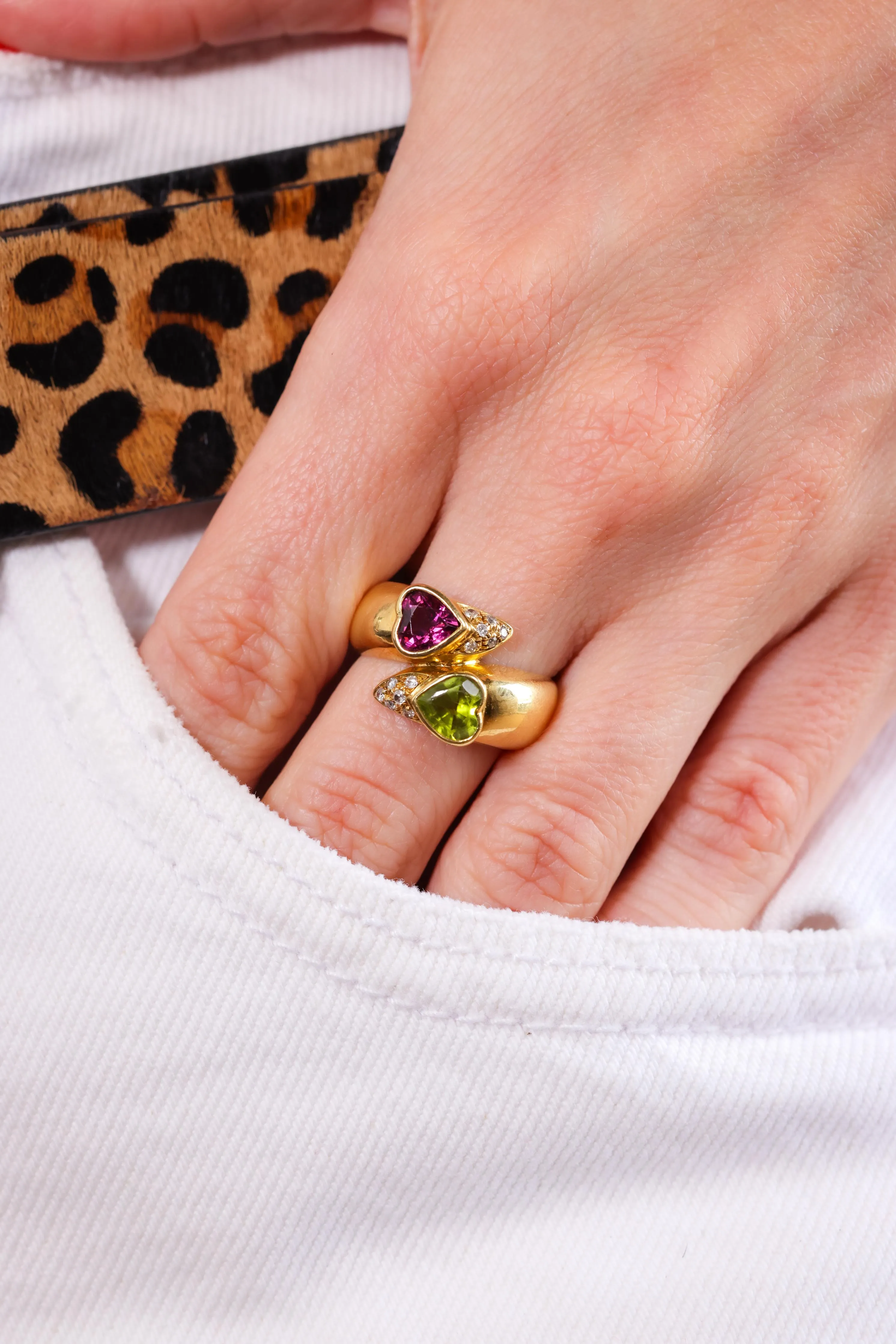 Heart Shaped Peridot and Rubellite Diamond Yellow Gold Bypass Ring