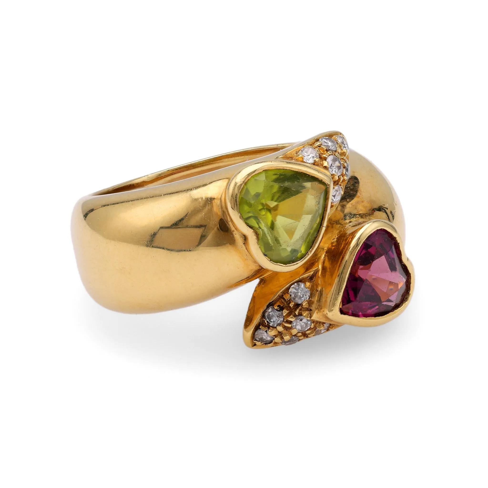 Heart Shaped Peridot and Rubellite Diamond Yellow Gold Bypass Ring