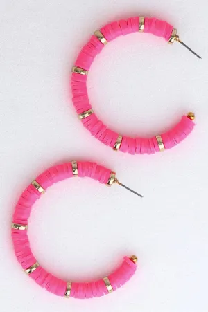 Hot Pink with Gold Disc Heishi Earrings