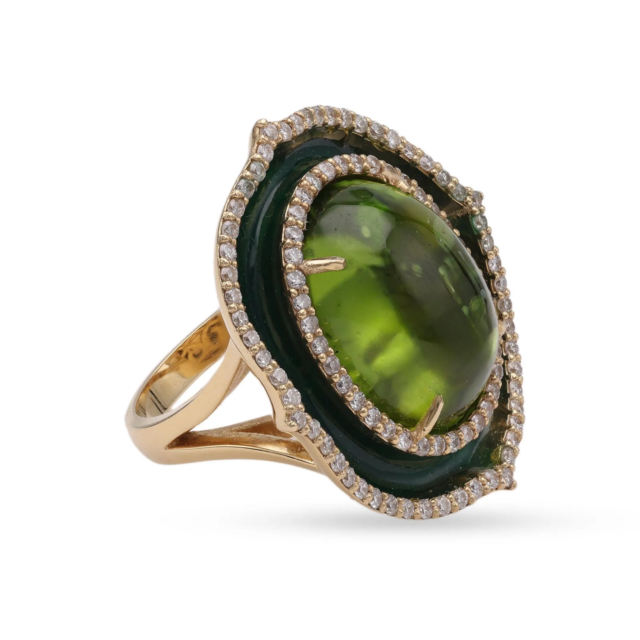 Hubert Peridot Diamond Enamel Yellow Gold Cocktail Ring