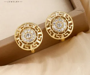 Jewelry Fashion Retro Round Great Wall Pattern Diamond-Inlaid Alloy Earrings Earrings Alloy Gold-plated